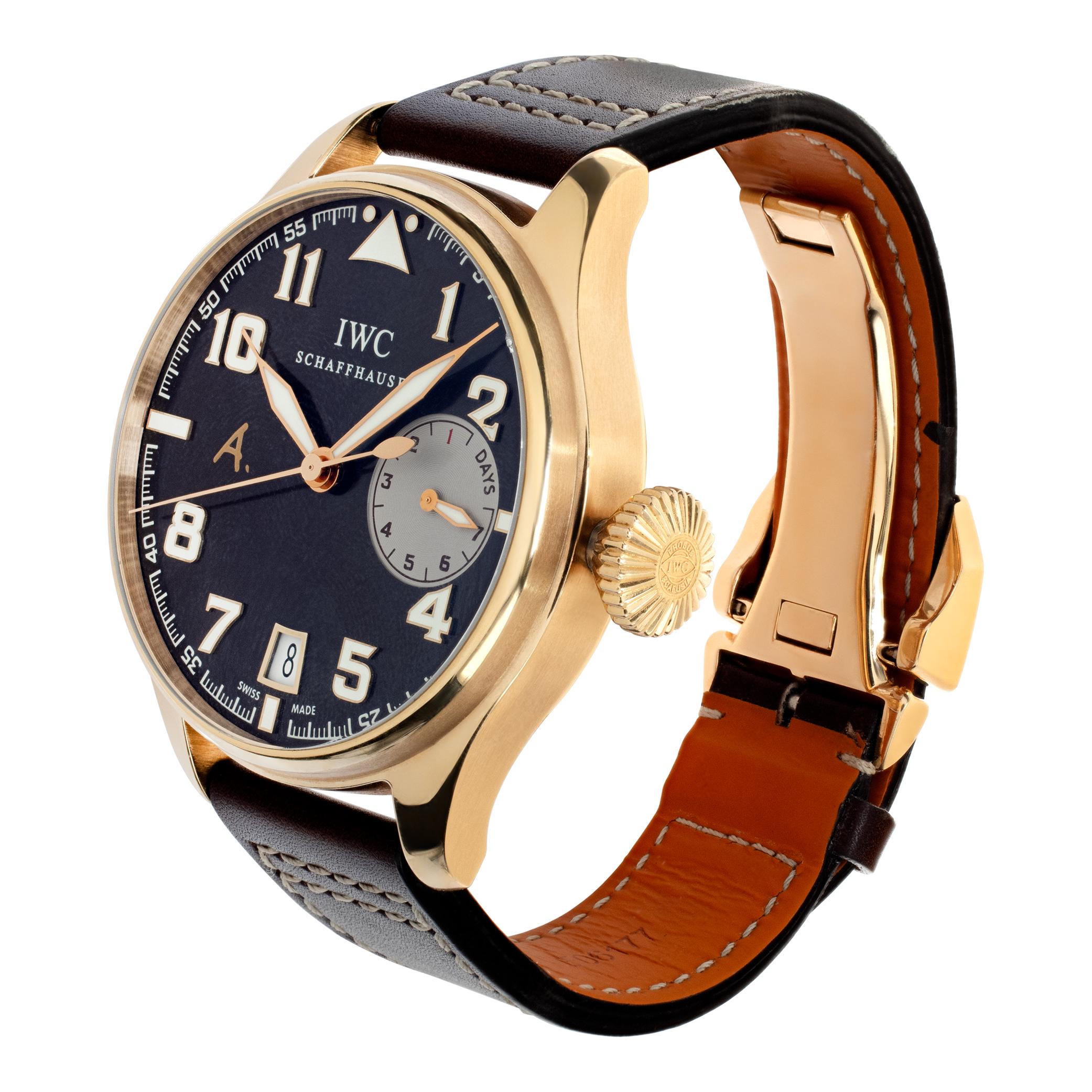 IWC Big Pilot Antoine de Saint Exupery Limited Edition Tobacco Brown dial in 18k rose gold on brown leather strap and 18k rose gold deployant buckle. Auto w/ sweep seconds, date and power reserve. 46 mm case size. With box and papers. Ref IW500421.