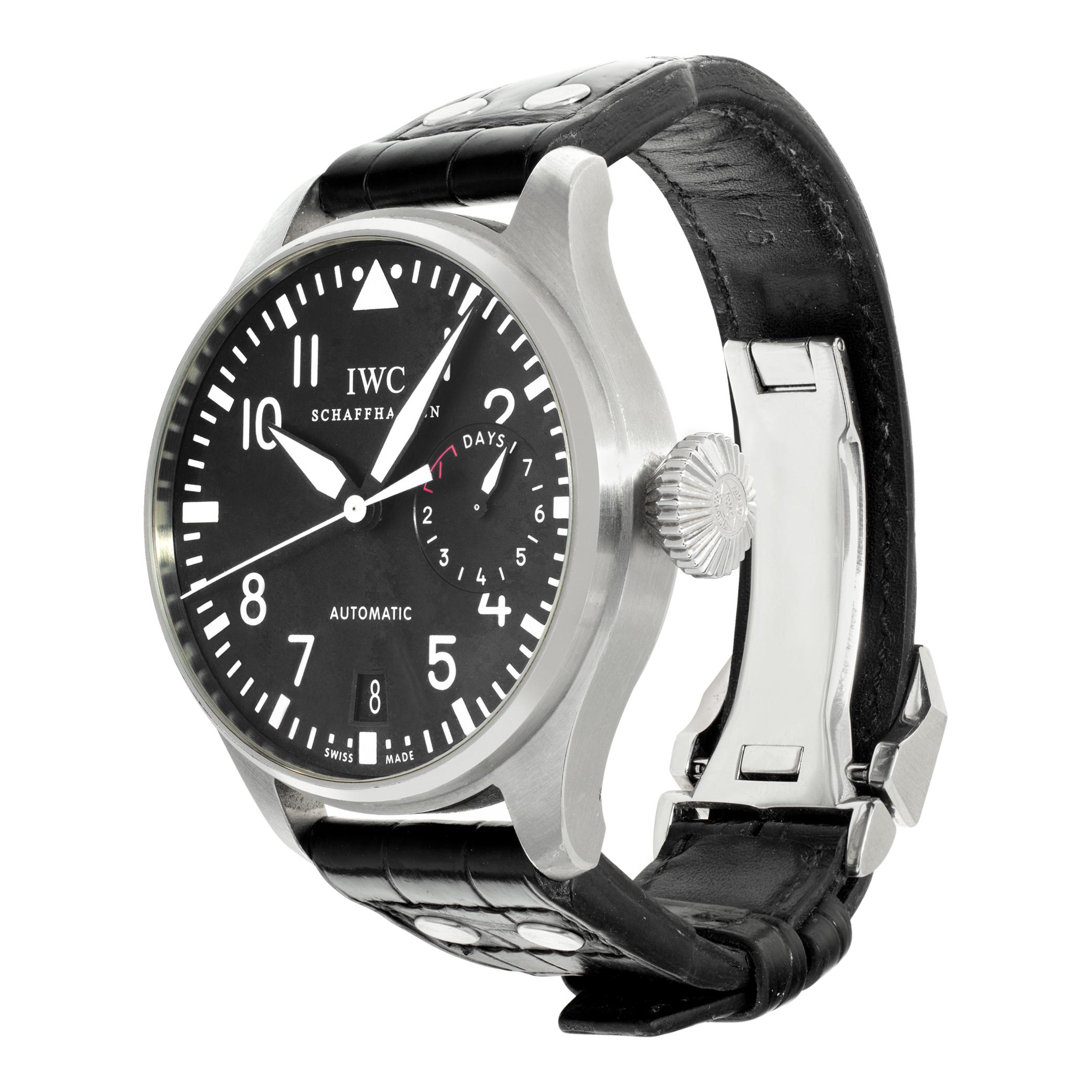 IWC Big Pilot Seven Days Power Reserve stainless steel on alligator band with IWC deployant buckle.. Auto w/ sweep seconds, date and power reserve. 46 mm case size. Ref 5004. With booklets. Fine Pre-owned IWC Watch.

 Certified preowned Sport IWC