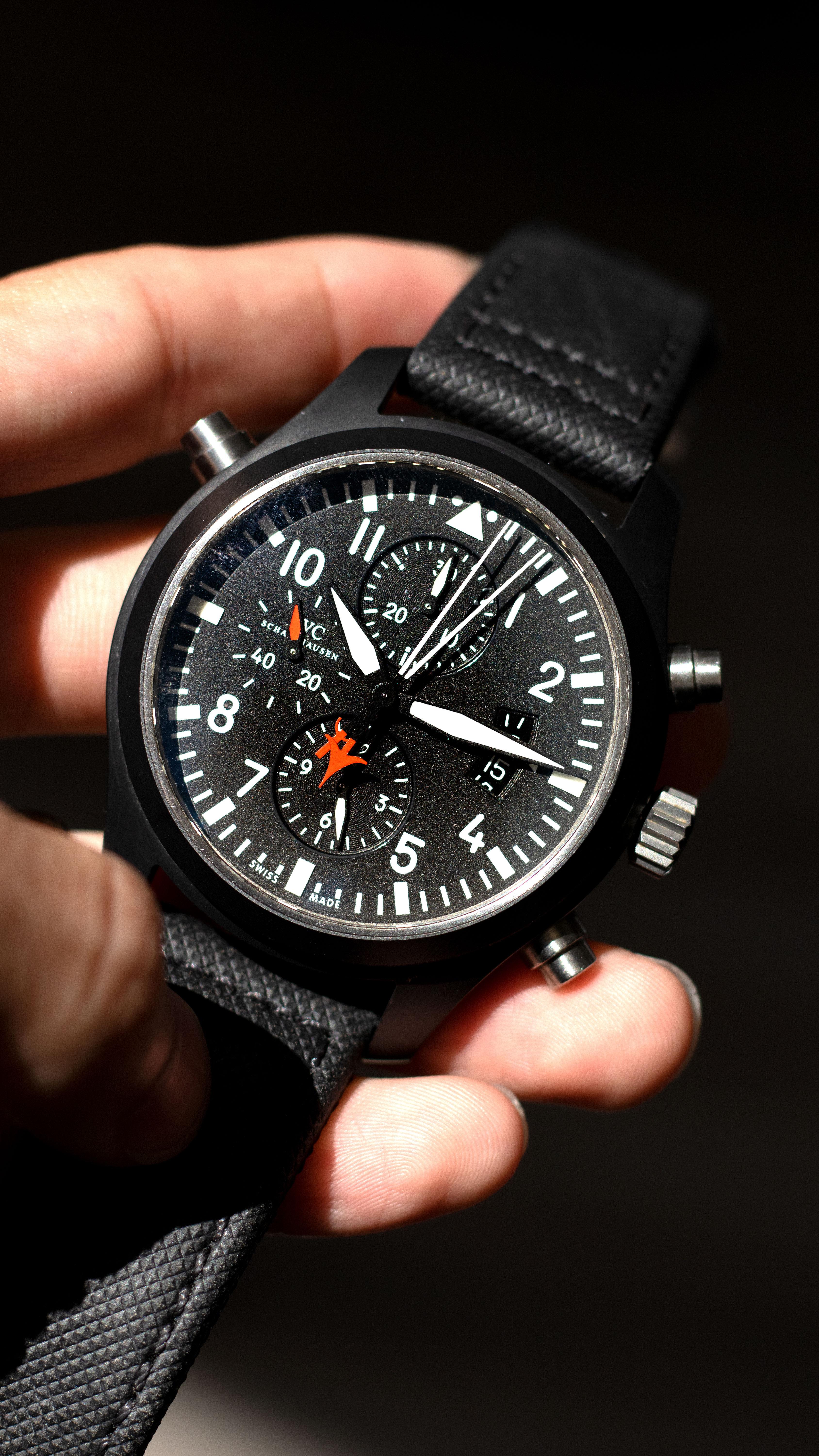 IWC Big Pilot Stainless Steel Top Gun Edition Watch

Brand: IWC

Model: Big Pilot Top Gun Edition

Dial: Black dial with luminescent hands, date can be found at 6 o' clock

Case: Stainless steel

Bracelet: Two piece fabric strap

Movement: