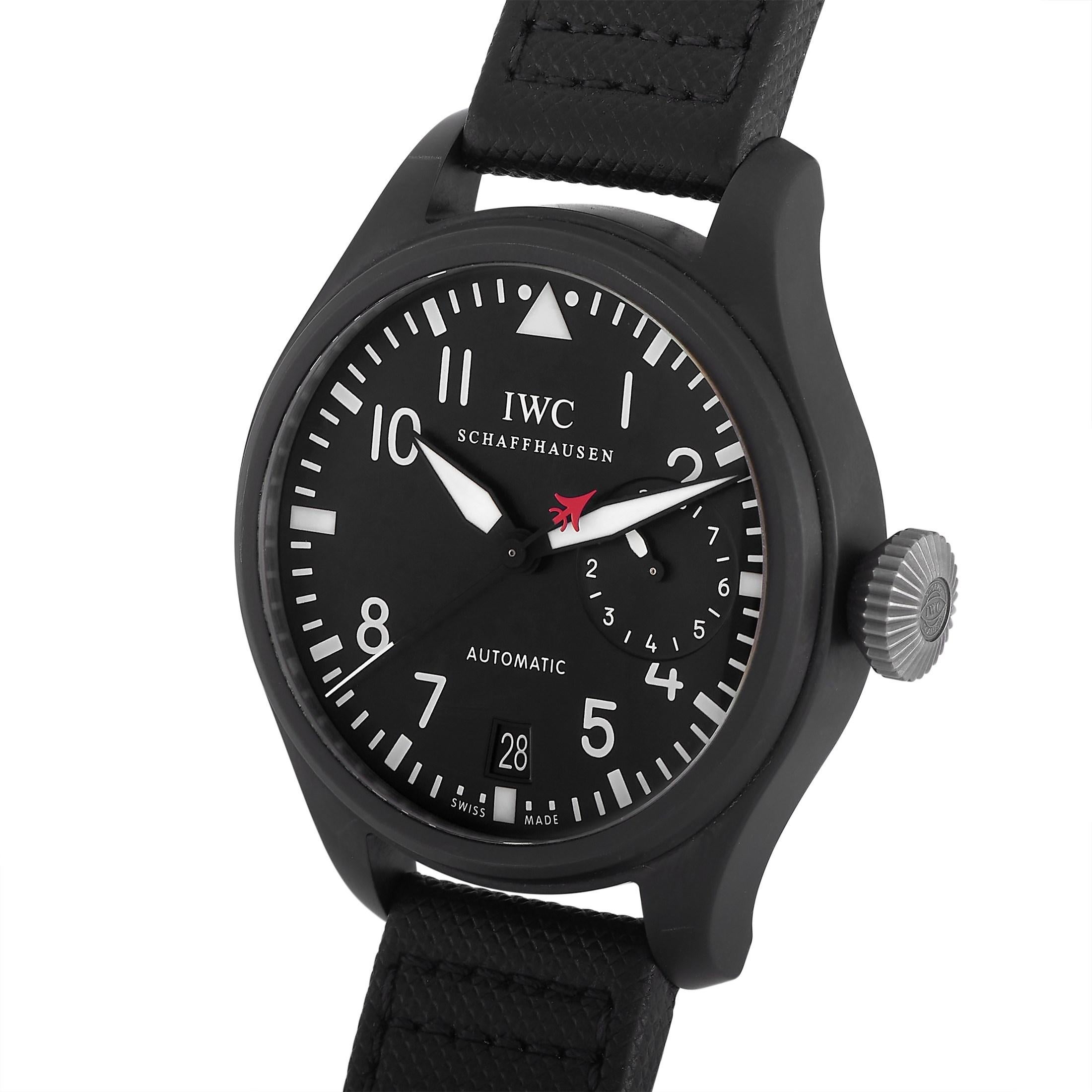 The IWC Big Pilot Top Gun Watch, reference number IW501901, is a stunning timepiece with a striking sense of minimalism.

This all-black design comes complete with a 49mm round ceramic case attached to a black calfskin leather strap. On the black