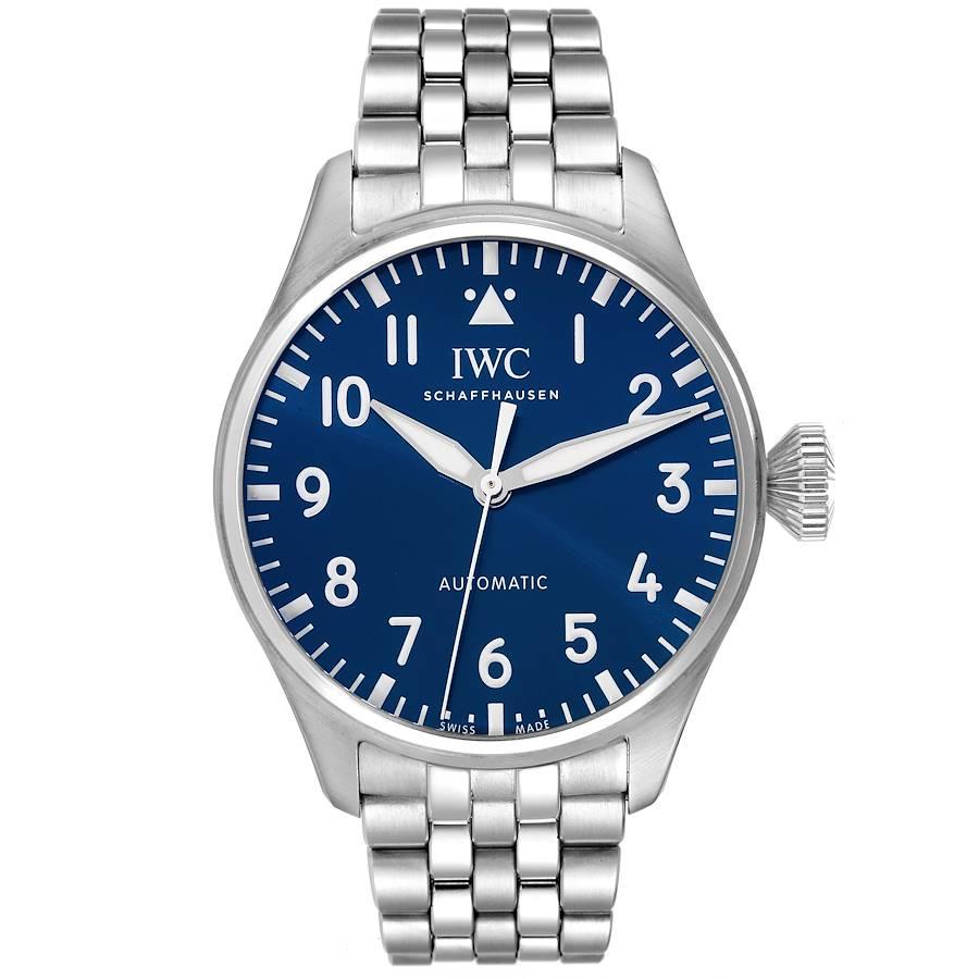 IWC Big Pilots 43mm Steel Blue Dial Mens Automatic Watch IW329304 Box Card. Automatic self-winding movement. Stainless steel case 43 mm in diameter. 13.6mm thick. Exhibition sapphire case back. . Scratch resistant sapphire crystal. Blue dial with