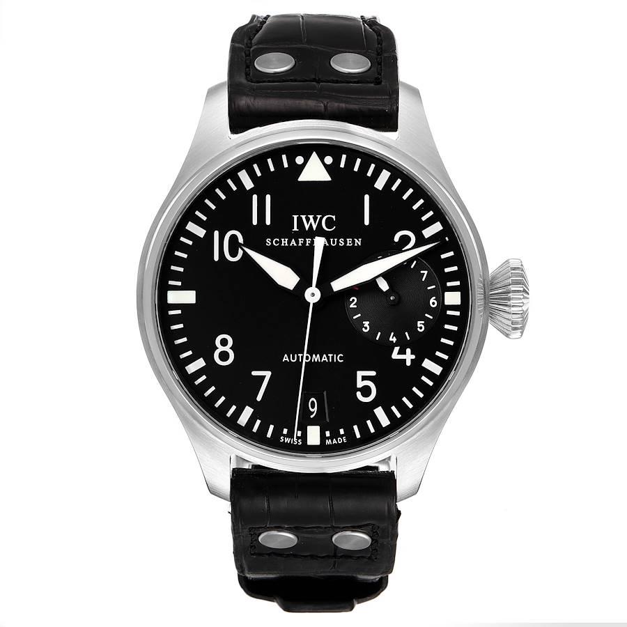 IWC Big Pilots 46mm Black Dial Automatic Steel Mens Watch IW500401 Box Card. Automatic self-winding movement. Stainless steel case 46.2 mm in diameter. . Scratch resistant sapphire crystal. Black dial with arabic numerals. Luminescent hands and hour