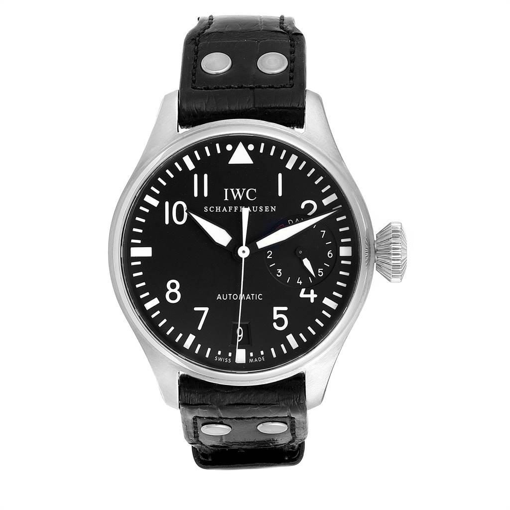 IWC Big Pilots 46mm Black Dial Automatic Steel Mens Watch IW500401. Automatic self-winding movement. Stainless steel case 46.2 mm in diameter. Scratch resistant sapphire crystal. Black dial with arabic numerals. Luminescent hands and hour markers.