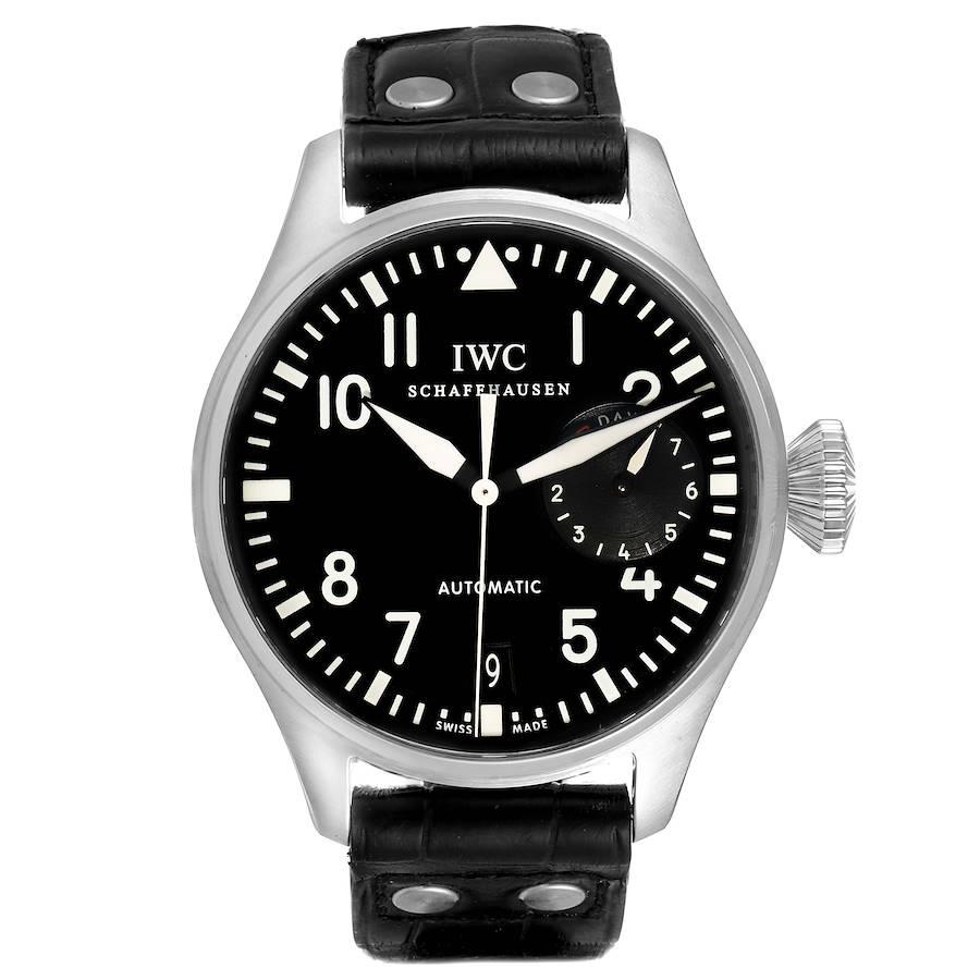 IWC Big Pilots 46mm Black Dial Automatic Steel Mens Watch IW500401. Automatic self-winding movement. Stainless steel case 46.2 mm in diameter. . Scratch resistant sapphire crystal. Black dial with arabic numerals. Luminescent hands and hour markers.