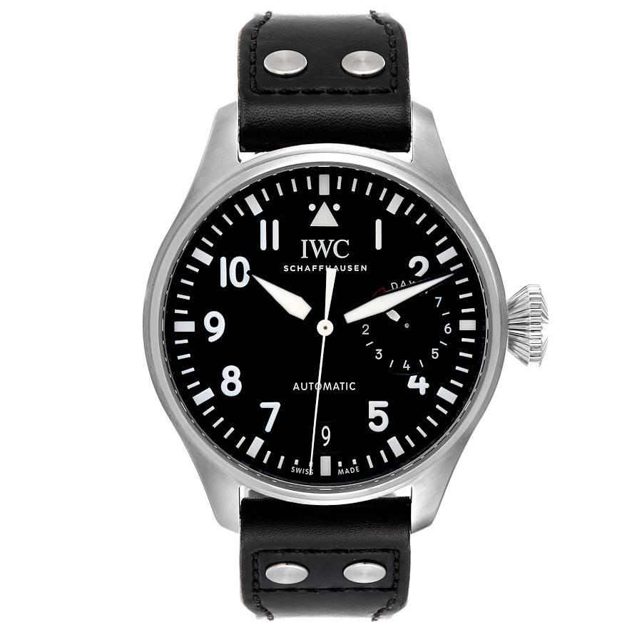 IWC Big Pilots 46mm Black Dial Automatic Steel Mens Watch IW500912 Box Card. Automatic self-winding movement with 7 day power reserve. Stainless steel case 46.2 mm in diameter. . Scratch resistant sapphire crystal. Black dial with white Arabic