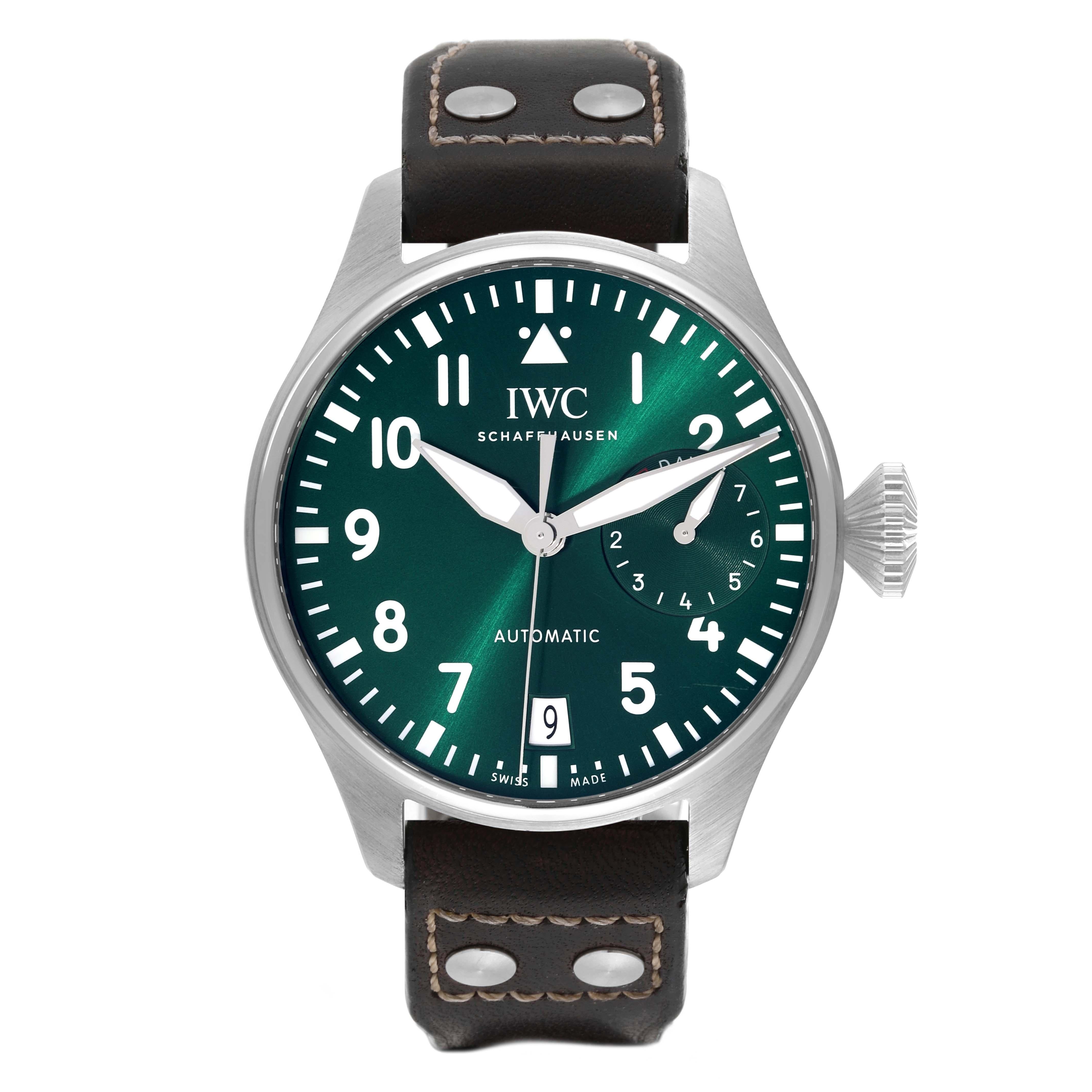IWC Big Pilots 46mm Green Dial Automatic Steel Mens Watch IW501015 Box Card. Automatic self-winding movement. Stainless steel case 46.2 mm in diameter. . Scratch resistant sapphire crystal. Green dial with Arabic numerals. Luminescent hands and hour