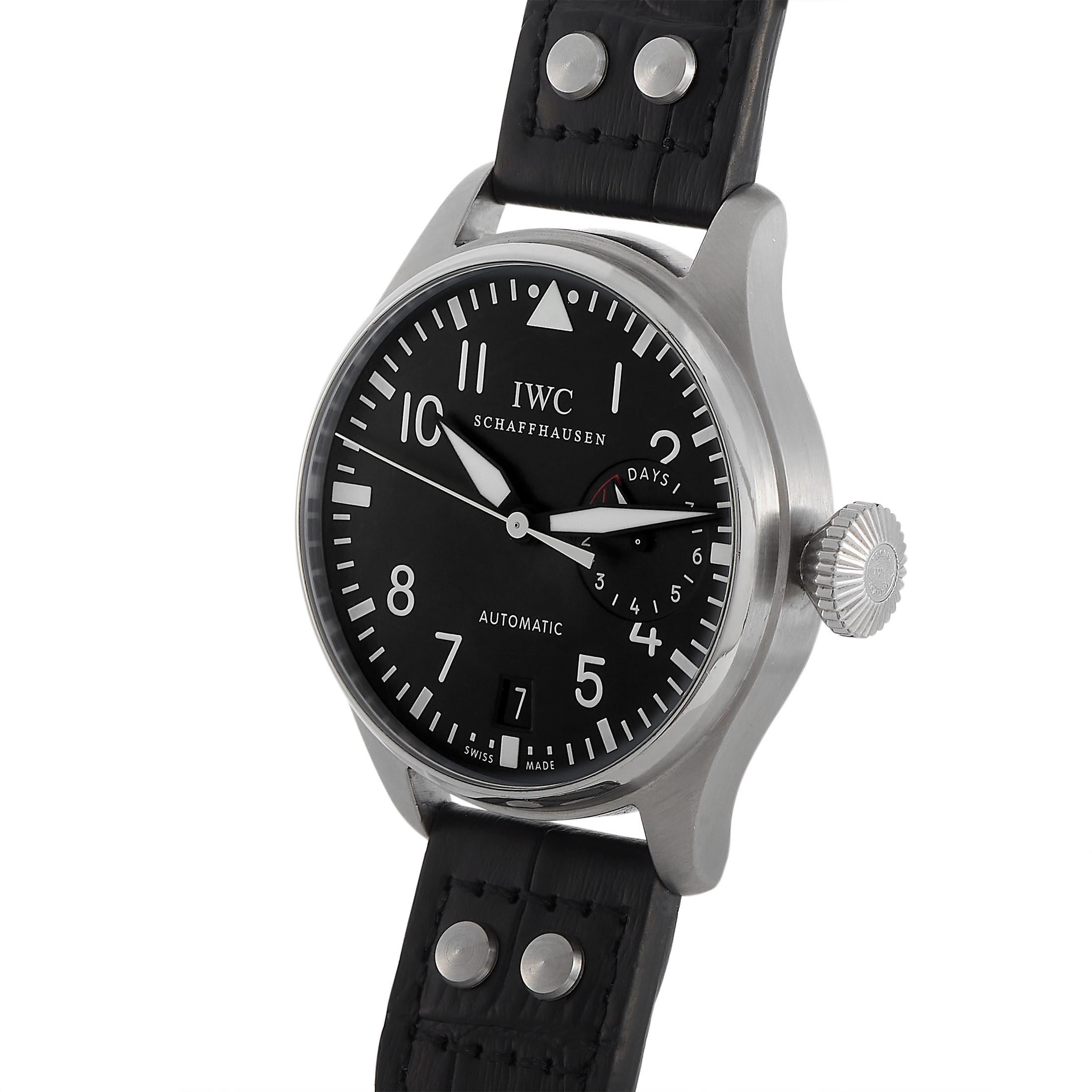 Like a large-sized timekeeper? Then the IWC Big Pilot's Watch IW500401 is for you. This Swiss-made watch features a 46.2mm round case in stainless steel with 15.8mm thickness. It comes paired with an oversized onion-shaped fluted crown. The sleek,