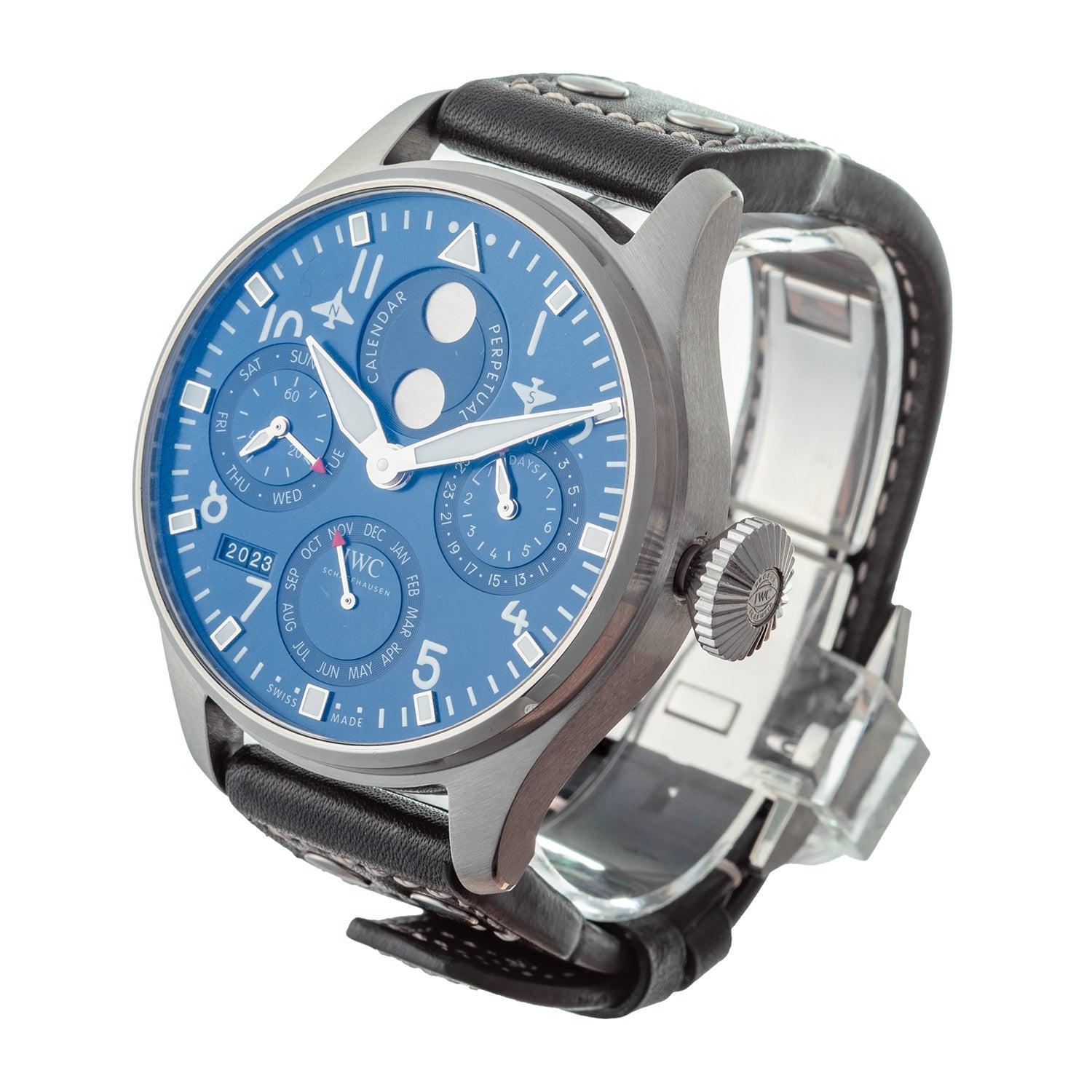IWC Big Pilot's Watch Perpetual Calendar (IW503605), featuring a self-winding automatic movement; blue dial with white Arabic numeral hour markers; perpetual calendar with date subdial at 3 o'clock with inset power reserve indication, month subdial
