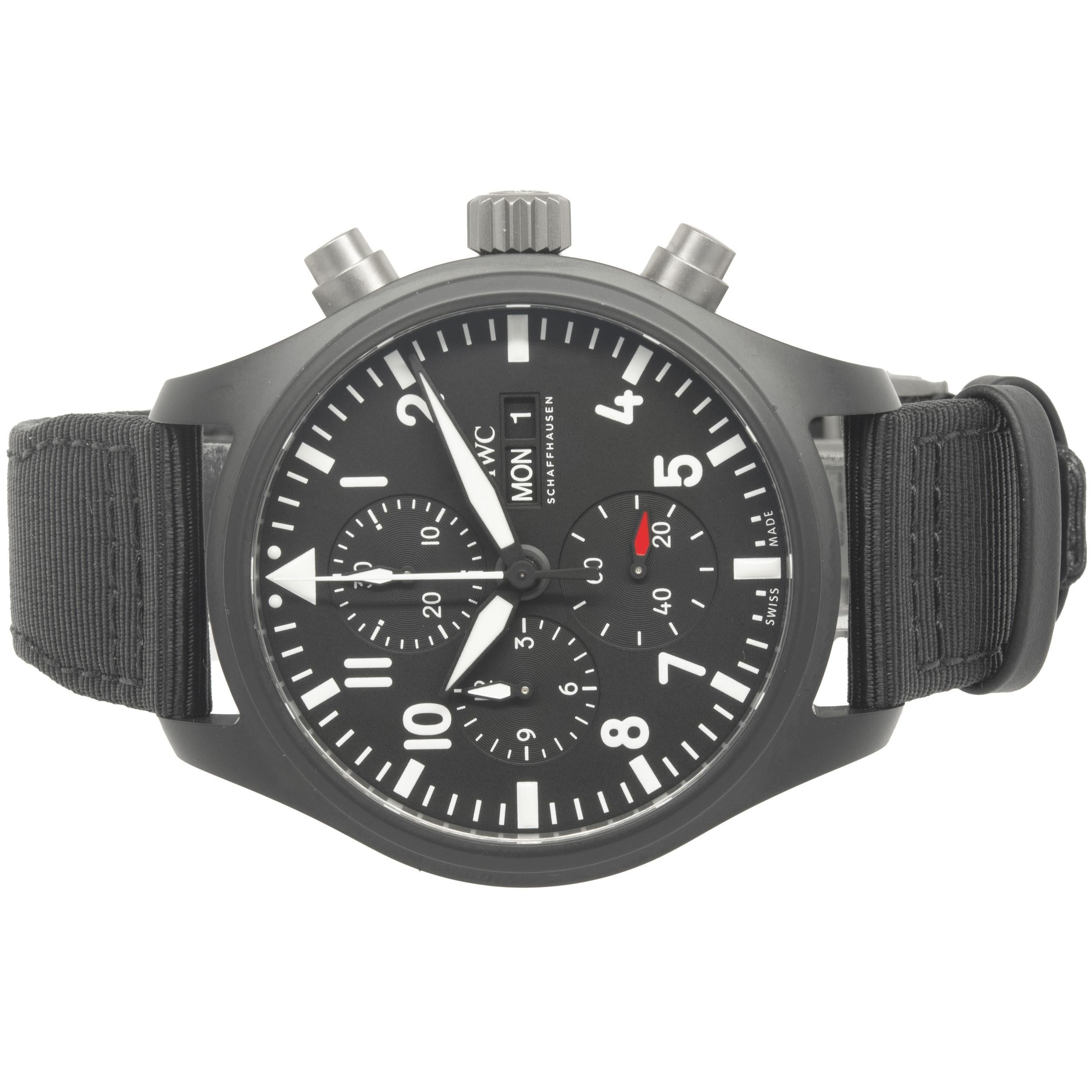 Brand: IWC
Movement: automatic
Function: hour, minutes, seconds, day, date, chronograph 
Case: 44.5mm black ceramic round case, sapphire crystal, push/pull crown
Band: black textile strap, integrated clasp
Dial: black chronograph 
Reference #: