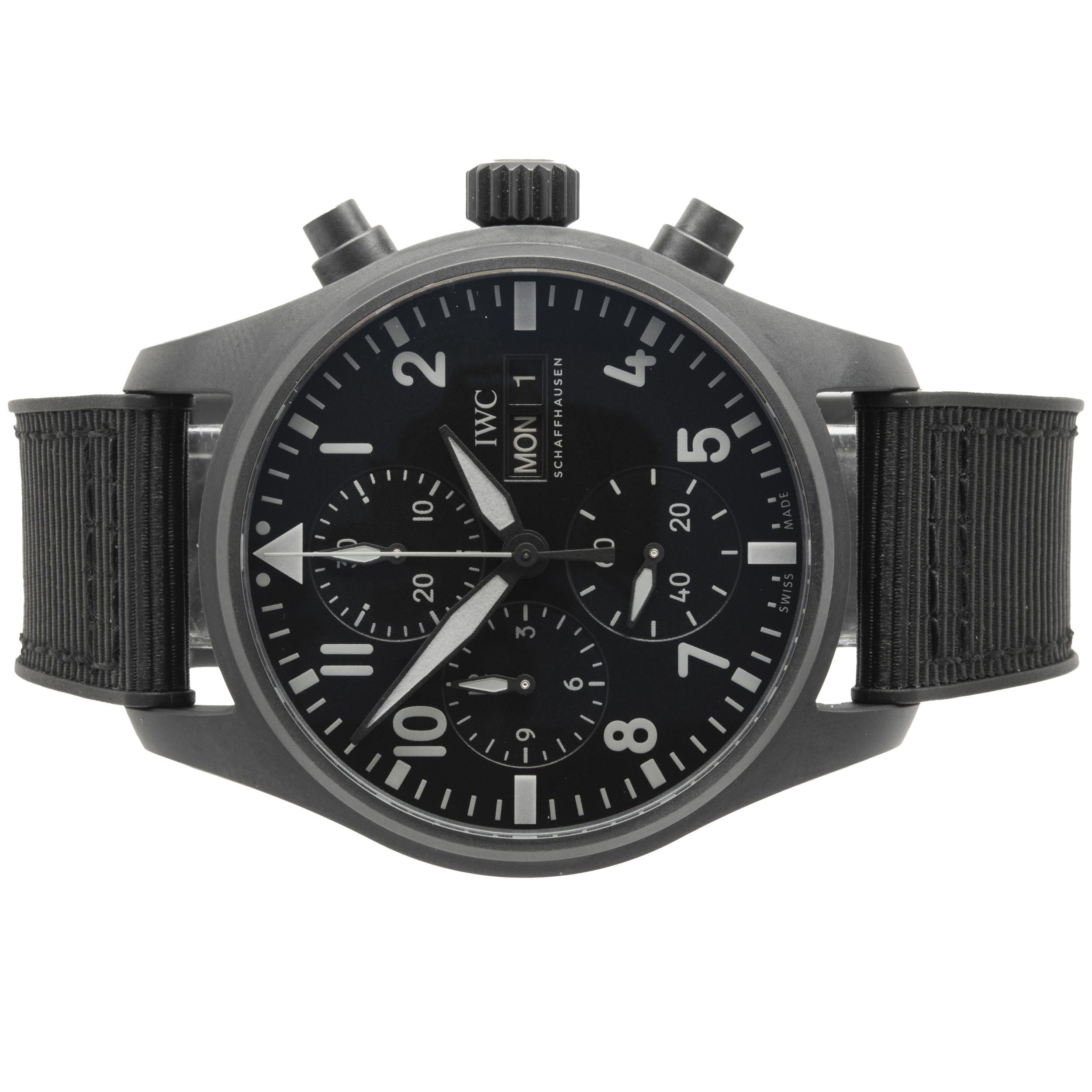 Brand: IWC
Movement: automatic
Function: hour, minutes, seconds, day, date, chronograph
Case: 41mm black Ceratanium round case, sapphire crystal
Band: black rubber textile strap, buckle
Dial: black dial with luminescence
Reference #: IW388106
Serial