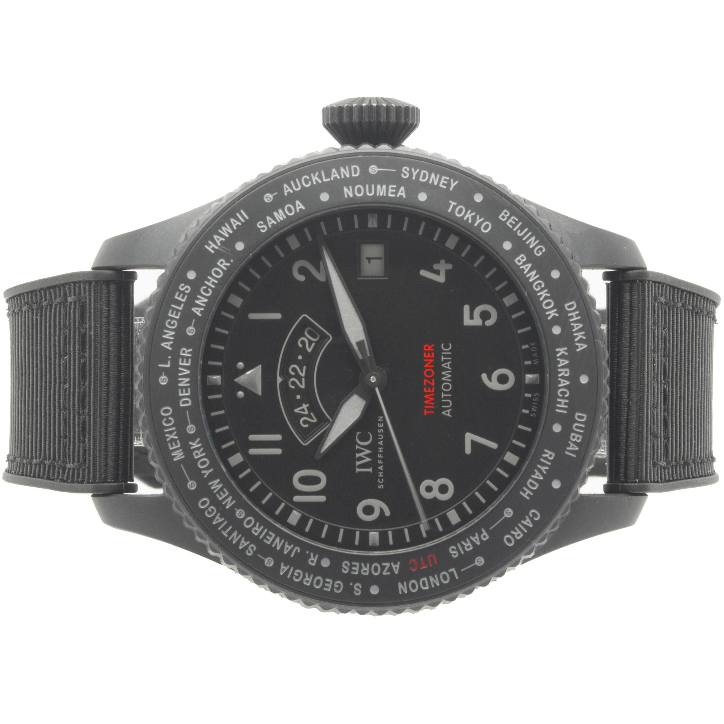 Brand: IWC
Movement: automatic
Function: hours, minuets, seconds, UTC time zone rotating bezel, 24 time zone
Case: 46mm round case, sapphire crystal, push/pull crown
Band: black rubber strap, buckle
Dial: black arabic
Reference #: IW395505
Serial #: