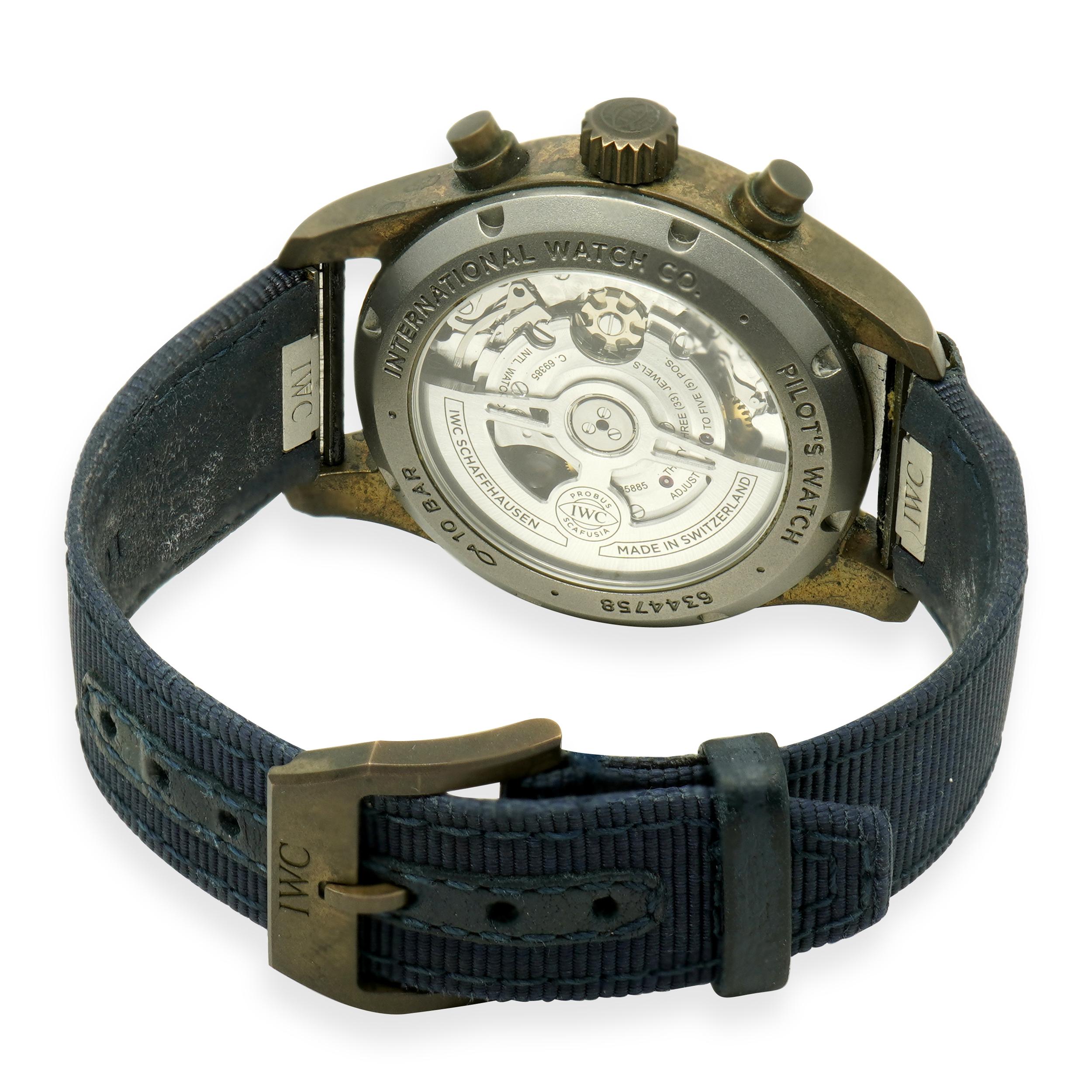 
Movimento: automatico, calibro 69385
Funzione: ore, minuti, secondi, giorno, data, cronografo 
Cassa: cassa in bronzo da 41 mm, vetro zaffiro, lunetta fissa
Fascia: gomma nera
Quadrante: blu arabo
Numero di riferimento: IW388109
Numero di serie: