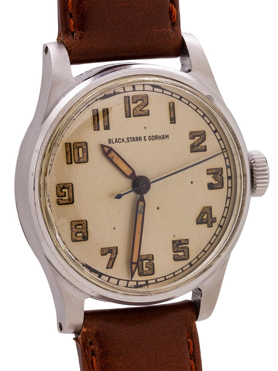 
Vintage IWC manual wind classic Calatrava military style and era case model, circa 1942. Retailed and signed by the famous retailer Black Starr & Gorham (originally founded in New York City, and after 1962 the Gorham dropped, and is now known as