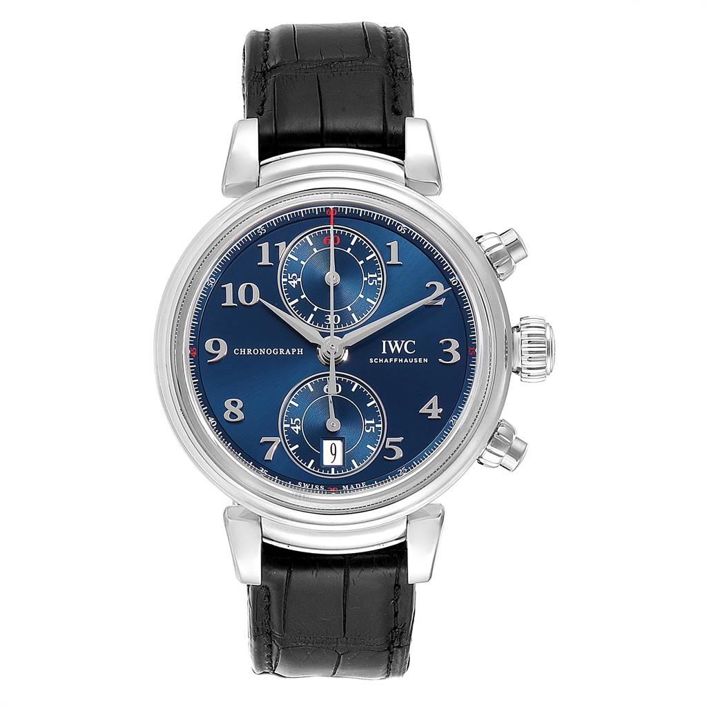 IWC Da Vinci Blue Dial Chrono Automatic Steel Mens Watch IW393402. Automatic self-winding chronograph movement. Stainless steel case 42.0 mm in diameter. Stainless steel bezel. Scratch resistant sapphire crystal. Blue dial with arabic numerals. Date
