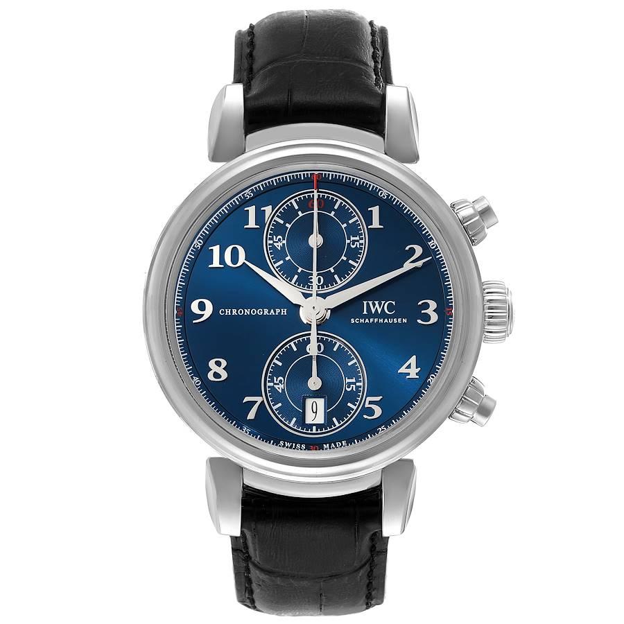 IWC Da Vinci Chronograph Blue Dial Steel Mens Watch IW393402 Box Card. Automatic self-winding chronograph movement. Stainless steel case 42.0 mm in diameter. Stainless steel bezel. Scratch resistant sapphire crystal. Blue dial with applied Arabic