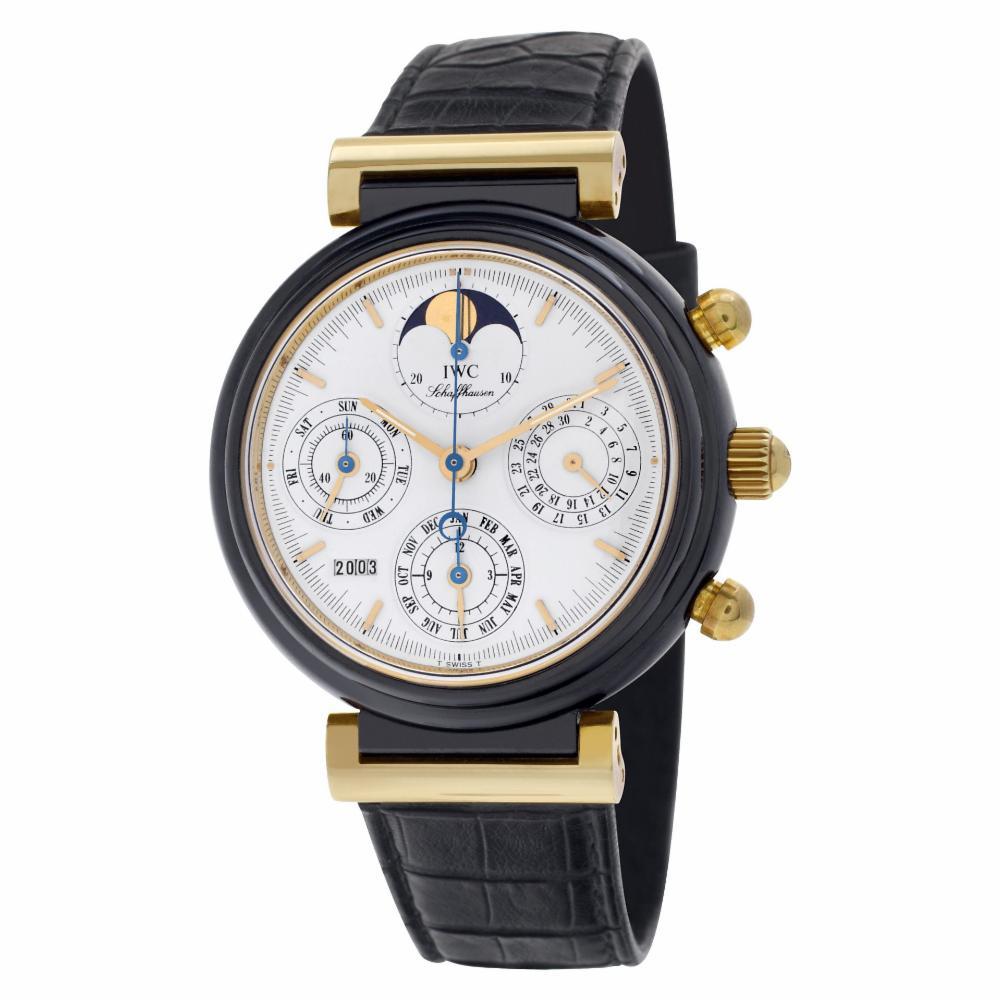 IWC Da Vinci Perpetual Calendar in 18k yellow gold & black ceramic (Zirconium Oxide) on leather strap with 18k IWC tang buckle. Manual w/ subseconds, date, day, month, moonphase, chronograph and perpetual calendar. 39 mm case size. Ref IW3755-02.
