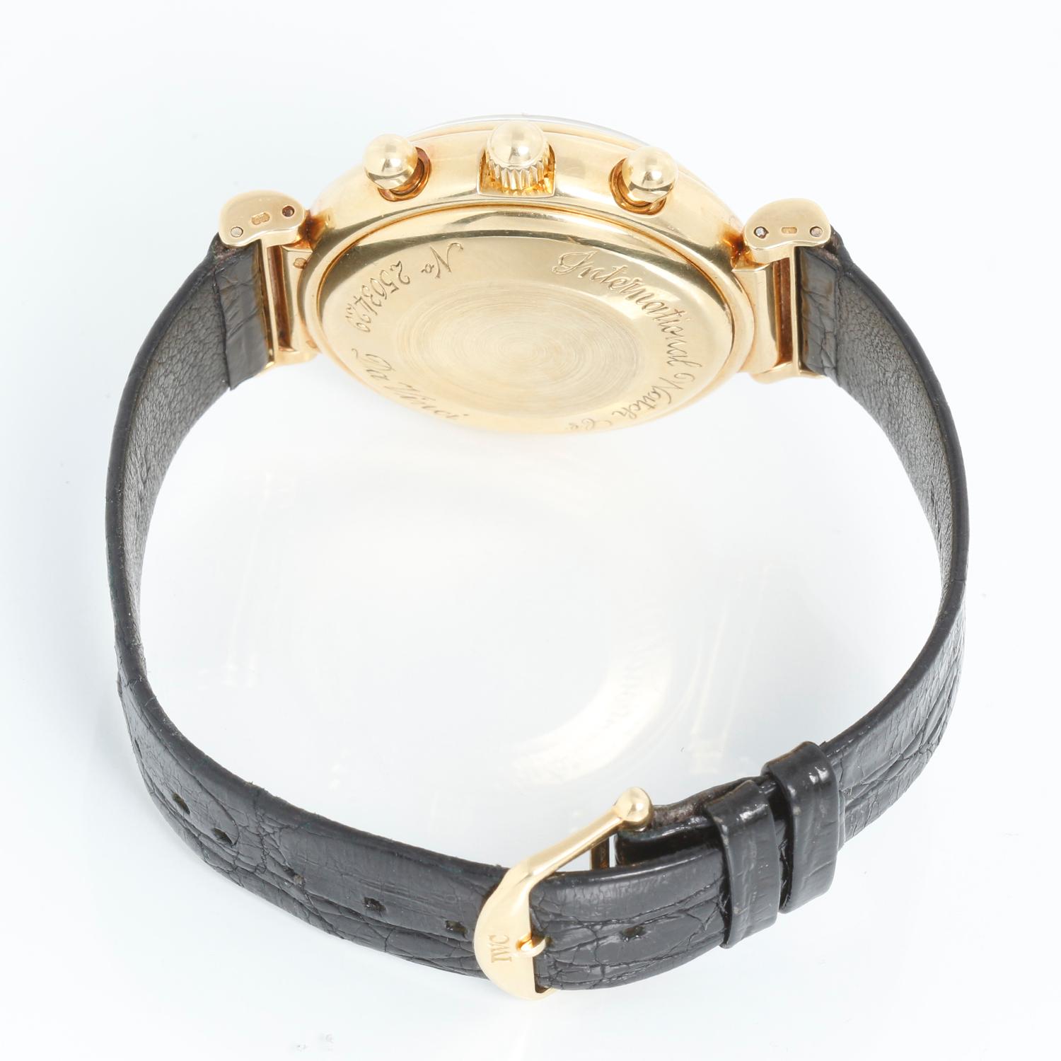 IWC Da Vinci  Perpetual Calendar Chronograph Yellow Gold Mens Watch IW375003 - Automatic winding; 44-hour power reserve. 18k yellow gold case (39mm diameter). White dial with gold markers; sub seconds; chronograph; day, date, month, year and
