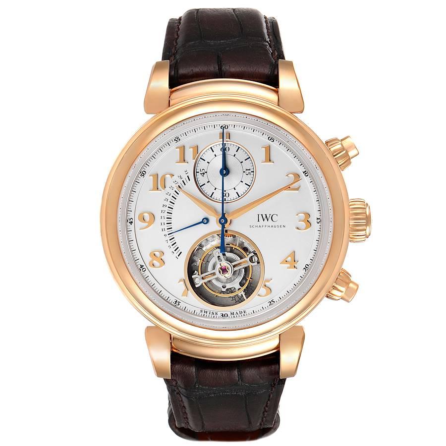 IWC Da Vinci Tourbillon FlyBack Retrograde Rose Gold Watch IW393101 Box Papers. Automatic self-winding tourbillon chronograph movement. 18K rose gold case 44.0 mm in diameter. Exhibition case back. 18k rose gold smooth bezel. Scratch resistant
