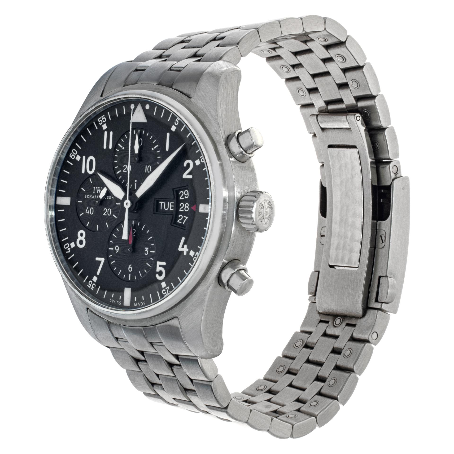 IWC Pilot Chronograph Fliegeruhr in stainless steel with a black dial on a stainless steel bracelet. Auto w/ date, day and chronograph. 43 mm case size. Ref iw377704. Fine Pre-owned IWC Watch.

 Certified preowned Sport IWC Flieger Chronograph