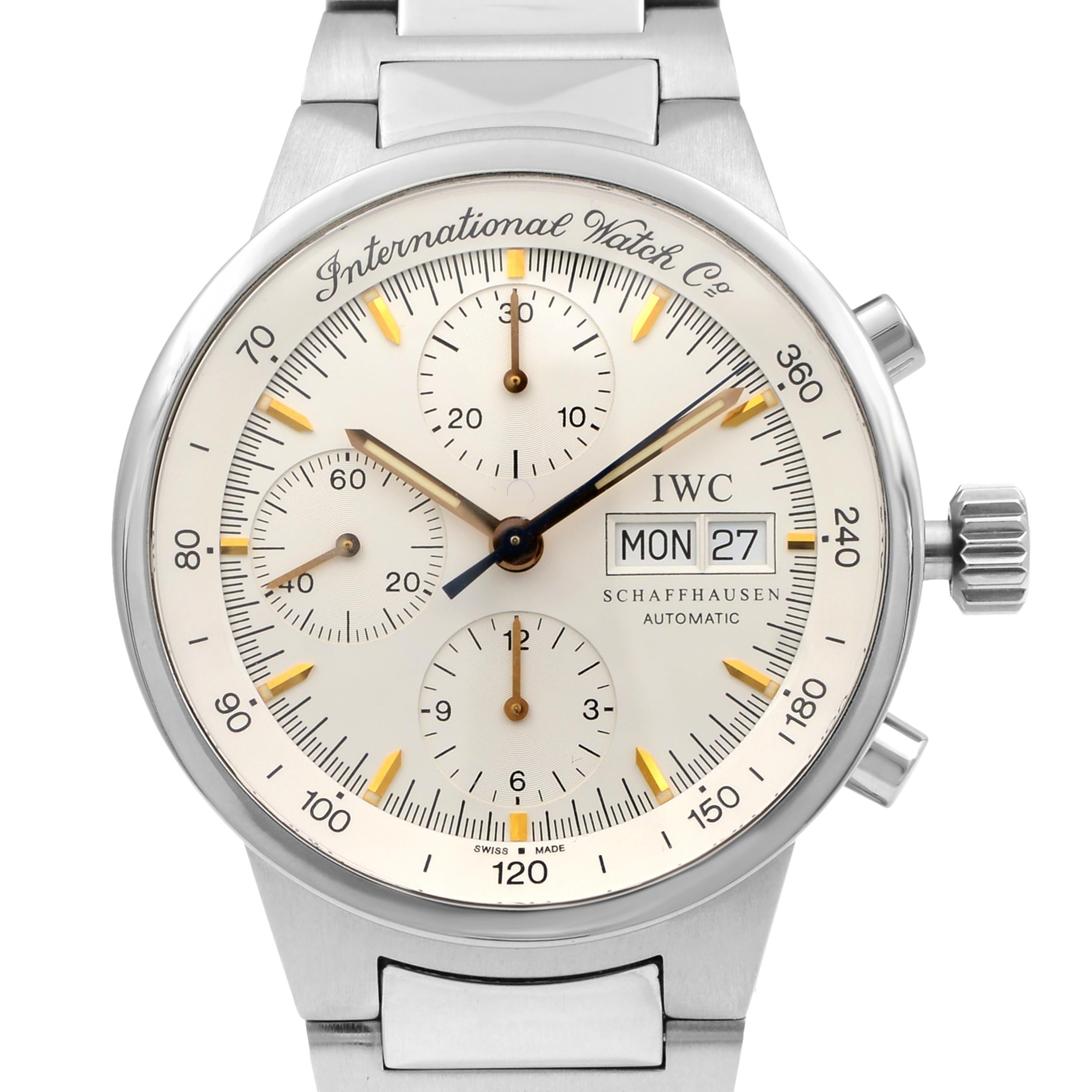 This pre-owned IWC GST  IW370713 is a beautiful men's timepiece that is powered by mechanical (automatic) movement which is cased in a stainless steel case. It has a round shape face, chronograph, day & date, small seconds subdial, tachymeter dial