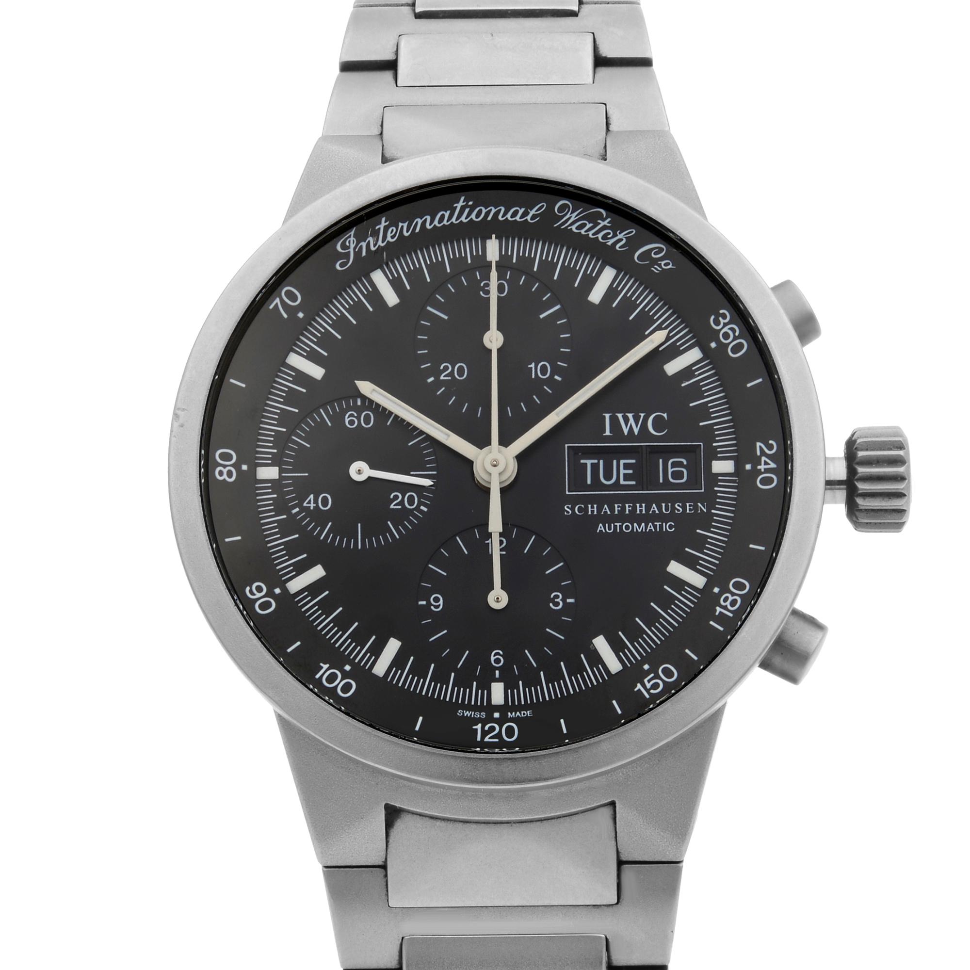 This pre-owned IWC GST IW3707-03 is a beautiful men's timepiece that is powered by mechanical (automatic) movement which is cased in a titanium case. It has a round shape face, day indicator, chronograph, chronograph hand, date indicator, small