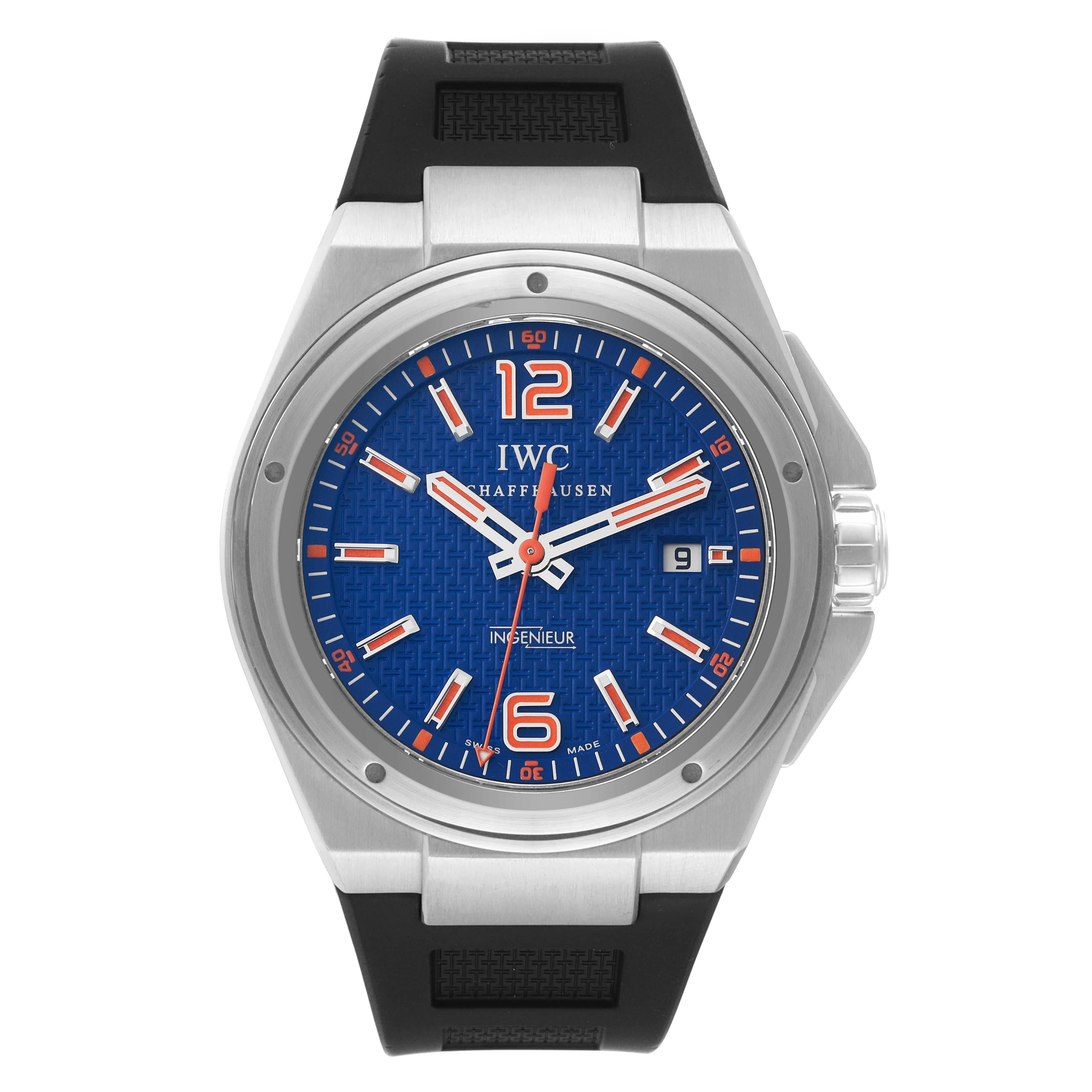 IWC Ingenieur Automatic Mission Earth Plastiki Steel Mens Watch IW323603. Automatic self-winding movement. Stainless steel case 46 mm in diameter and 15mm in thickness. Stainless steel bezel. Scratch resistant sapphire crystal. Blue dial with fine