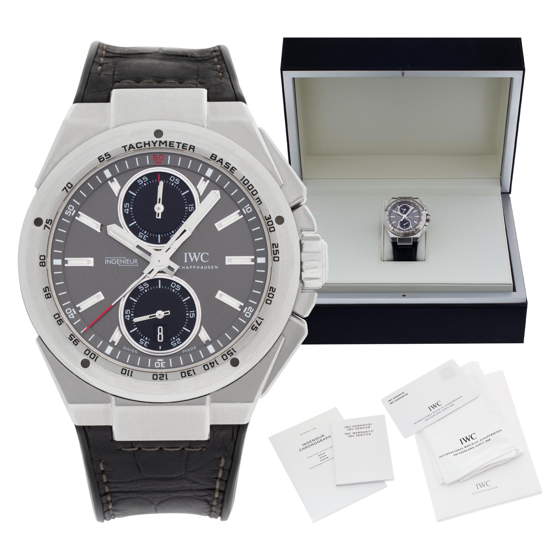 IWC Ingenieur Chronograph Racer Ardoise Dial in stainless steel on leather strap with tang buckle. Auto, chrono and sub-seconds. 46 mm case size. Box and papers. Ref IW378507. Circa 2014 Fine Pre-owned IWC Watch.

Certified preowned Sport IWC