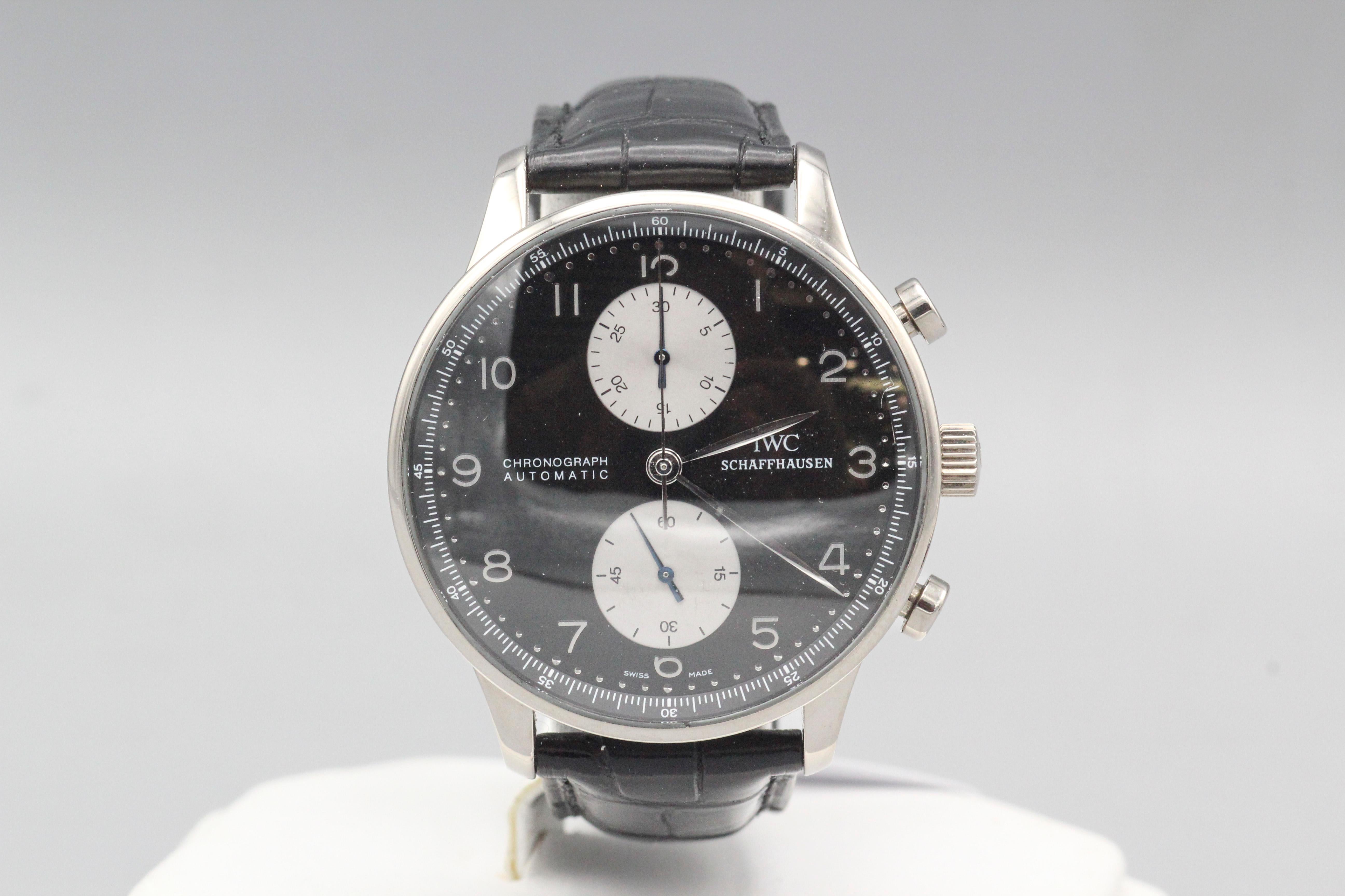 IWC Portugieser 18k White Gold Chronograph Wristwatch with rare Panda Dial In Good Condition For Sale In New York, NY