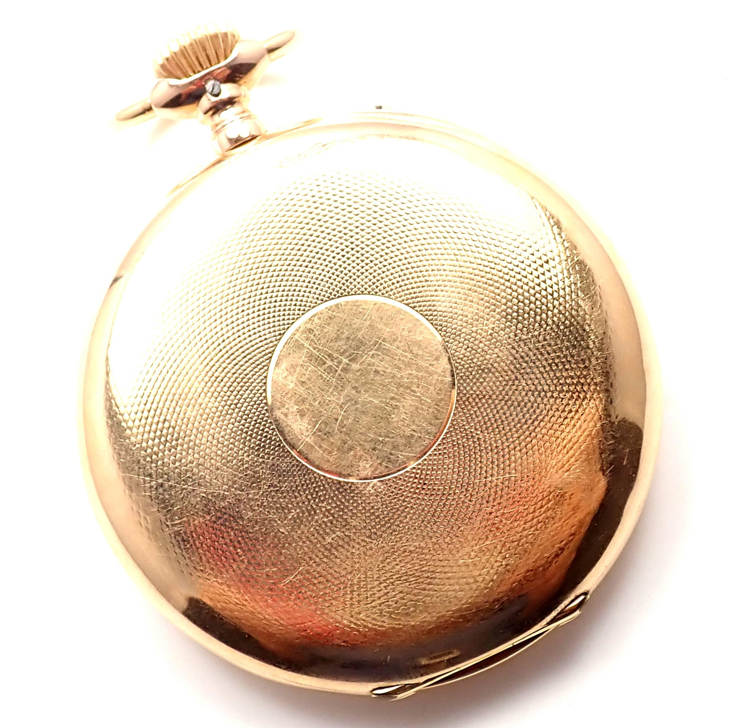 18k yellow gold large 55mm pocket watch by IWC International Watch Co.
This watch works great, fully functional. 
Details:
Case Size: 55mm
Weight: 107.2 grams
Dial: White
Movement: Manual Wind
Stamped Hallmarks: International Watch Co 18k 509694