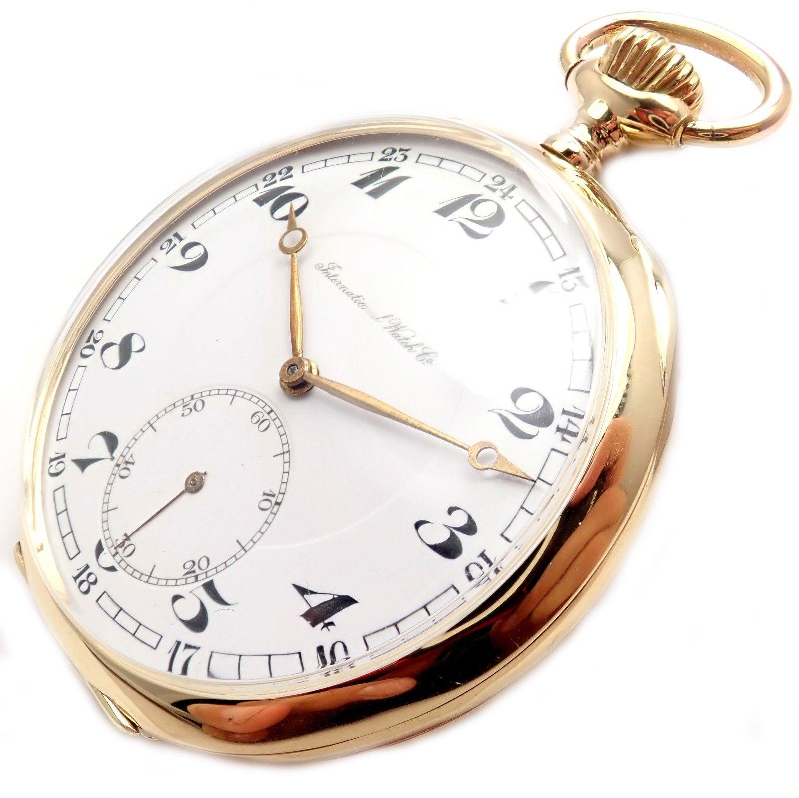 18k yellow gold large 53mm pocket watch by IWC International Watch Co.
This watch works great, fully functional. 
Details:
Case Size: 53mm
Weight: 95.5 grams
Dial: White
Movement: Manual Wind
Stamped Hallmarks: Dial: International Watch Co.
Inner