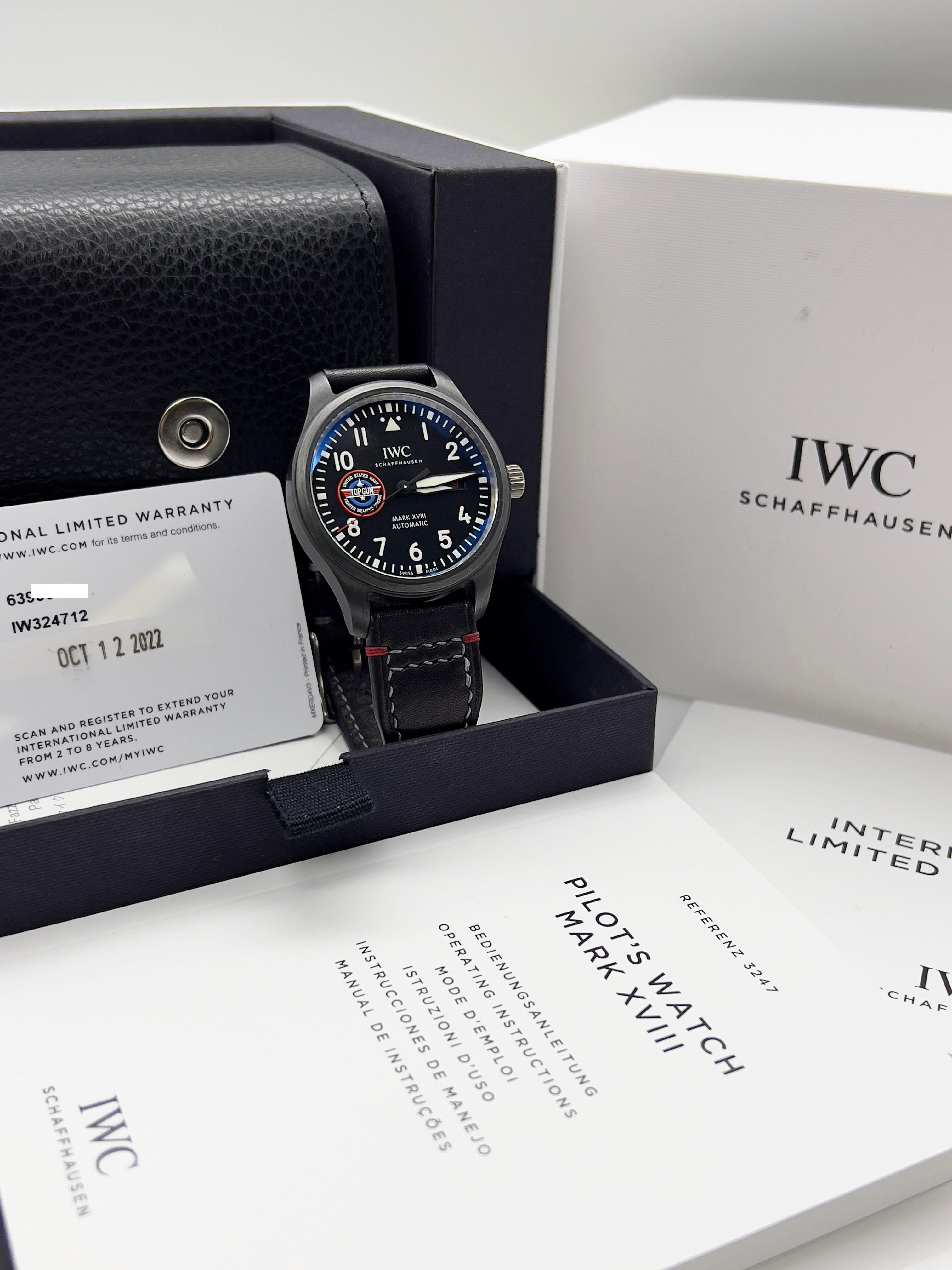Style Number: IW324712
Year: 2022
Model: Pilots Mark XVIII Top Gun SFTI
Case Material: Ceramic 
Band: Leather 
Bezel: Ceramic 
Dial: Black
Face: Sapphire Crystal 
Case Size: 41mm 

 Includes: 
-IWC Box & Paper
-Certified Appraisal 
-1 Year Warranty
