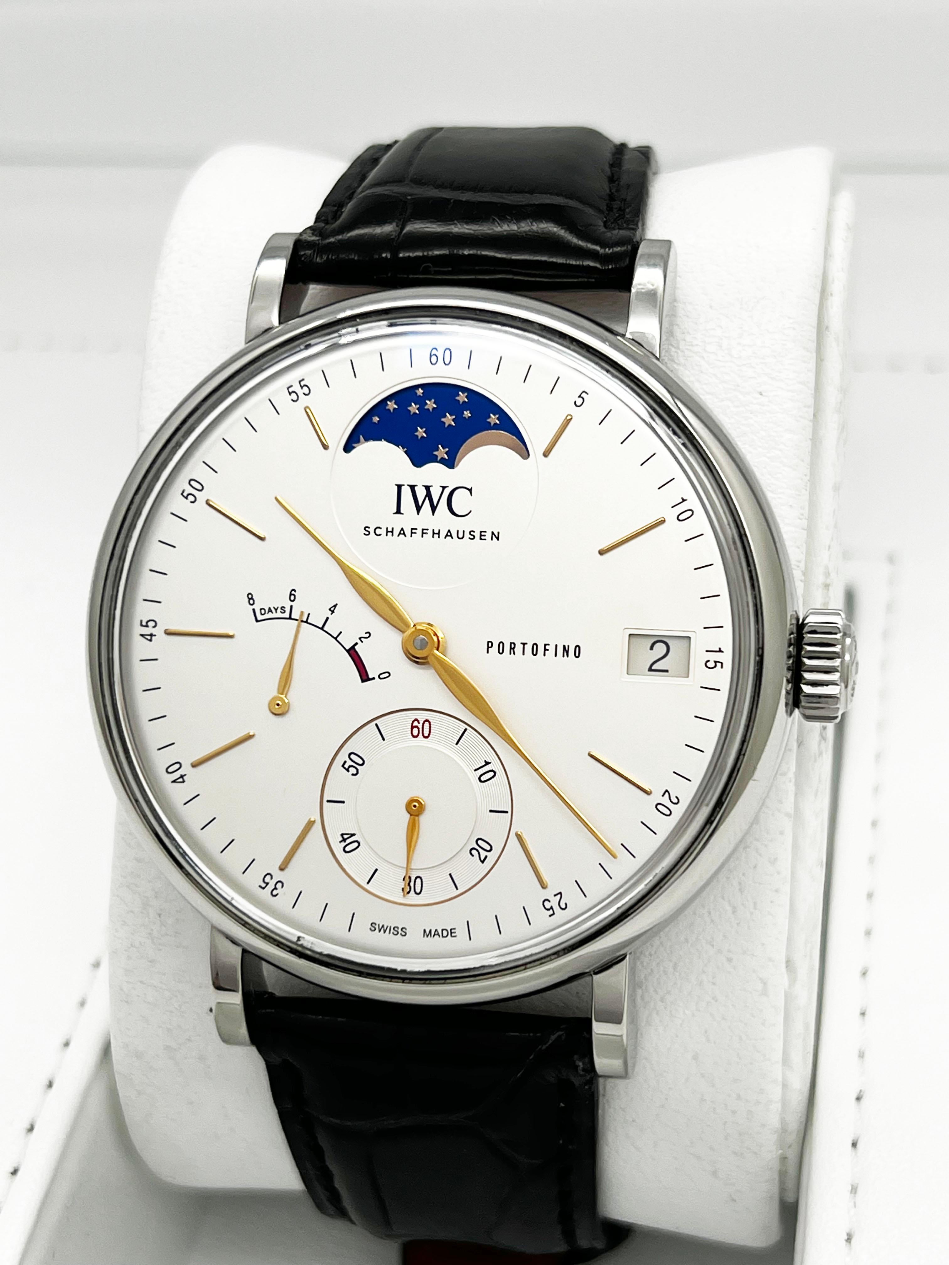 IWC IW516401 Portofino Hand-Wound Moon Phase 45mm Stainless Steel Box Paper In Excellent Condition In San Diego, CA