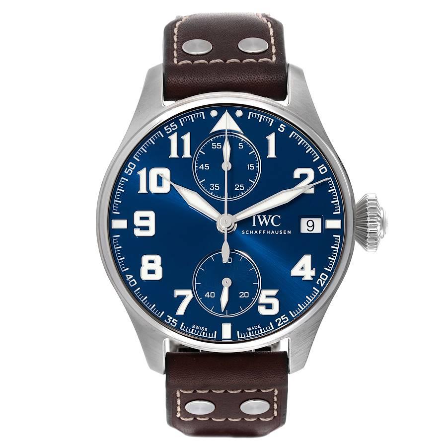 IWC Le Petit Prince Big Pilots Monopusher Edition Watch IW515202 Box Card. Manual winding chronograph movement with 8 days power reserve. Stainless steel case 46.0 mm in diameter. . Scratch resistant sapphire crystal. Metallic midnight blue sunray