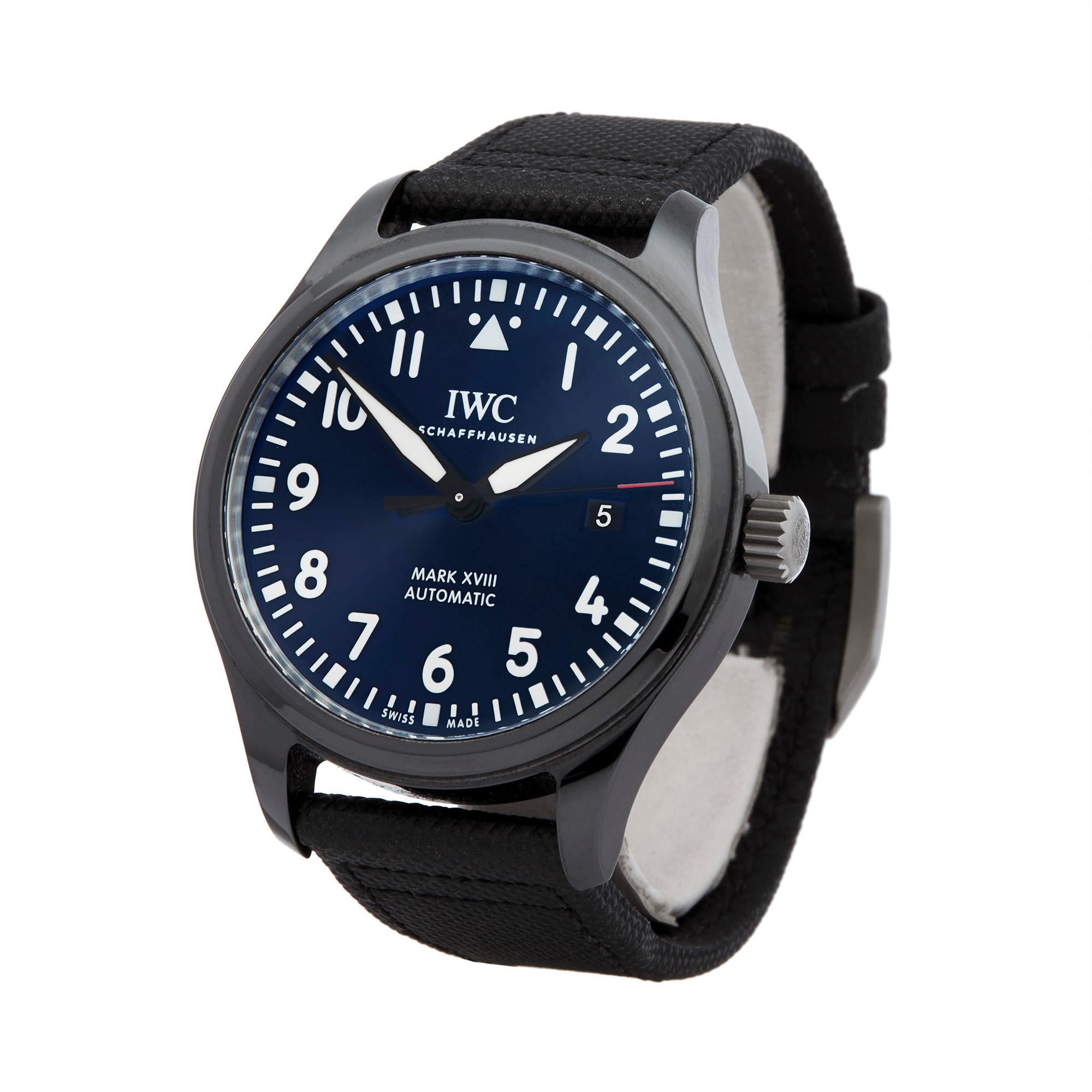 Ref: W5769
Manufacturer: IWC
Model: Mark XVIII
Model Ref: IW324703
Age: 12 September 2018
Gender: Mens
Complete With: Box, Manuals & Guarantee
Dial: Blue Arabic
Glass: Sapphire Crystal
Movement: Automatic
Water Resistance: To Manufacturers
