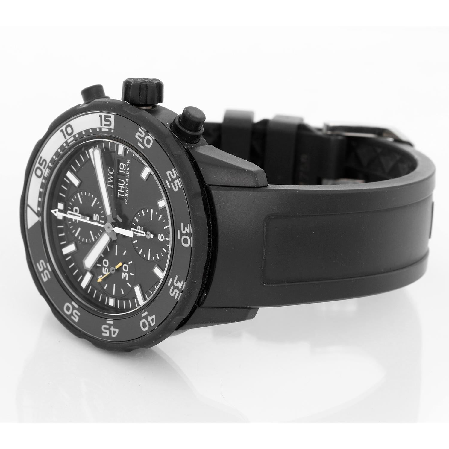 IWC Men's Aquatimer Galapagos Islands Edition Chronograph IW376705 - Automatic winding. PVD coated stainless steel case (44mm) with rotating luminous bezel. Black dial with sub-dials and day/date feature. IWC rubber strap (with quick release) with