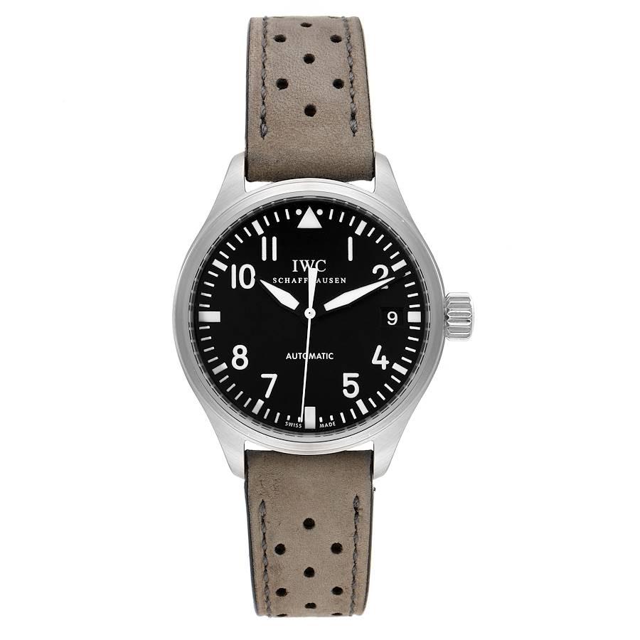 IWC Pilot 34mm Midsize Black Dial Grey Strap Steel Unisex Watch IW325601. Automatic self-winding movement. Stainless steel case 34 mm in diameter. 10.0 mm thick. Stainless steel smooth bezel. Scratch resistant sapphire crystal. Black dial with