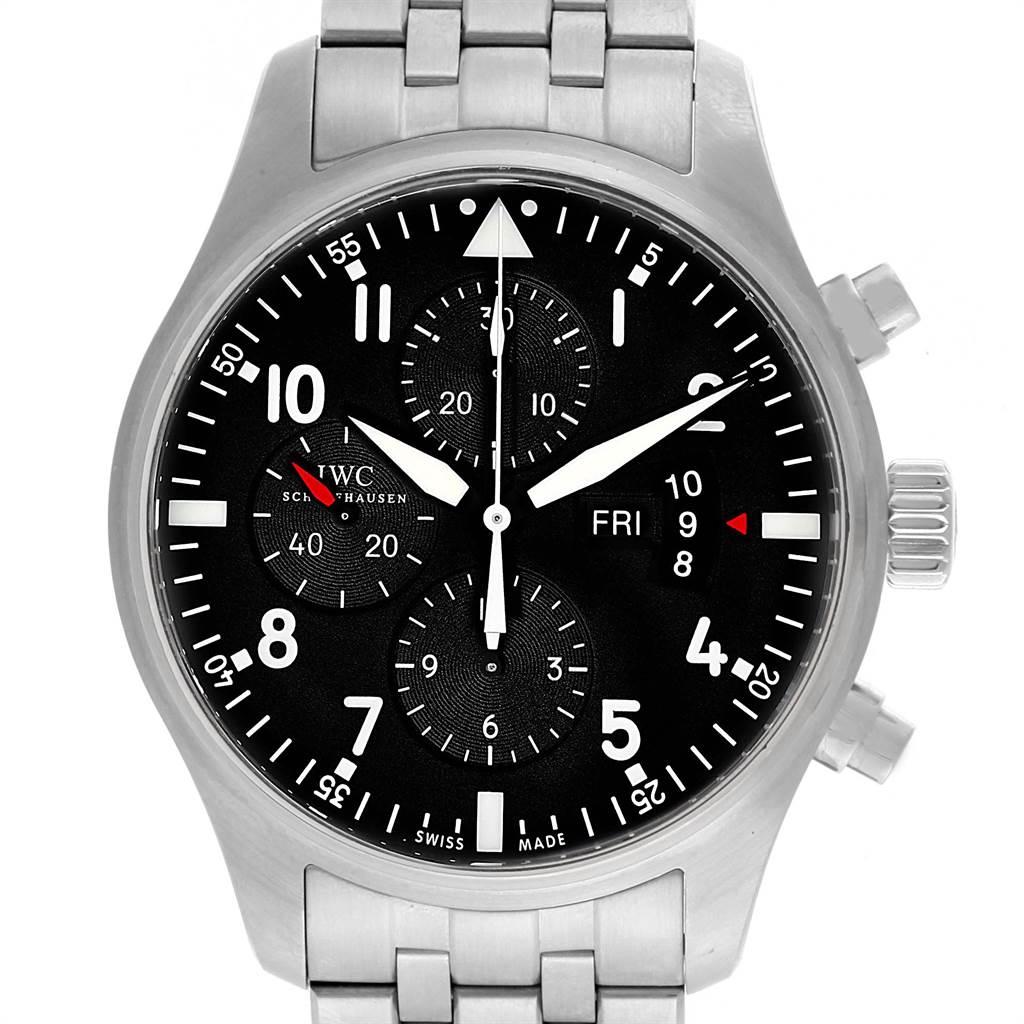 IWC Pilot Black Dial Chronograph Mens Watch IW377704 Papers. Automatic self-winding movement with 44 hour power reserve. Stainless steel case 43.0 mm in diameter. Exhibition case back. Fixed stainless steel bezel. Scratch resistant sapphire crystal.