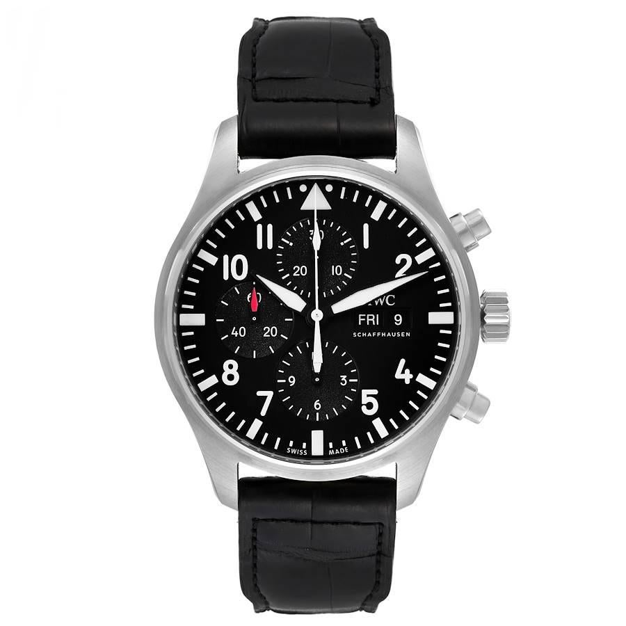 IWC Pilot Black Dial Men's Chronograph Watch IW377709 Box Card. Automatic self-winding split-second chronograph movement. Stainless steel case 43.0 mm in diameter. Stainless steel bezel. Scratch resistant sapphire crystal. Black dial with