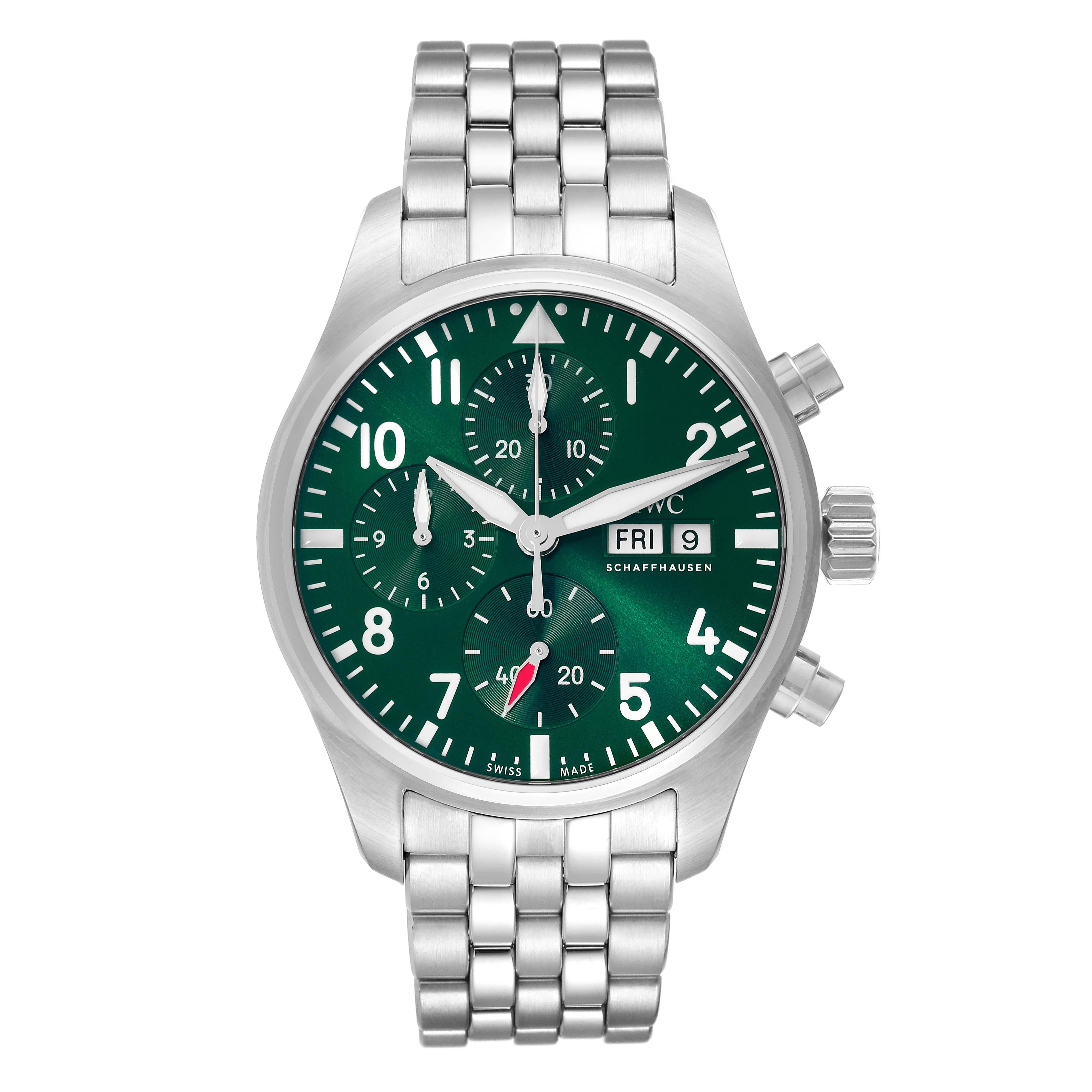 IWC Pilot Chronograph 41 Green Dial Steel Mens Watch IW388104 Box Card. Automatic self-winding chronograph movement. Stainless steel case 41 mm in diameter. Screw in crown. Transparent exhibition sapphire crystal caseback. . Scratch resistant