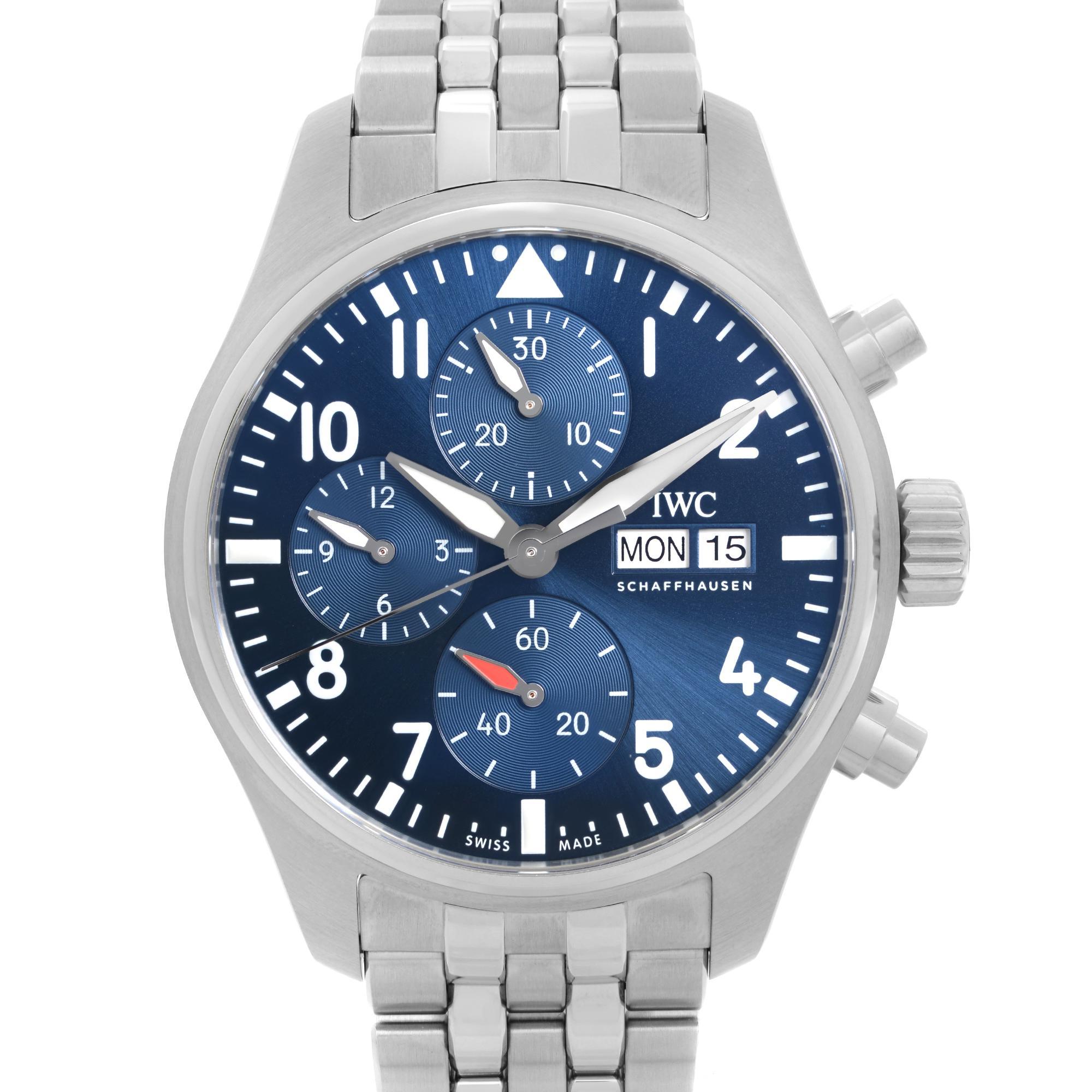 Unworn IWC Pilot Chronograph 41 Steel Blue Arabic Dial Automatic Mens Watch IW388102. This Beautiful Timepiece is Powered By Mechanical (Automatic) Movement and Features: Stainless Steel Case and Bracelet, Fixed Smooth Stainless Steel Bezel Blue