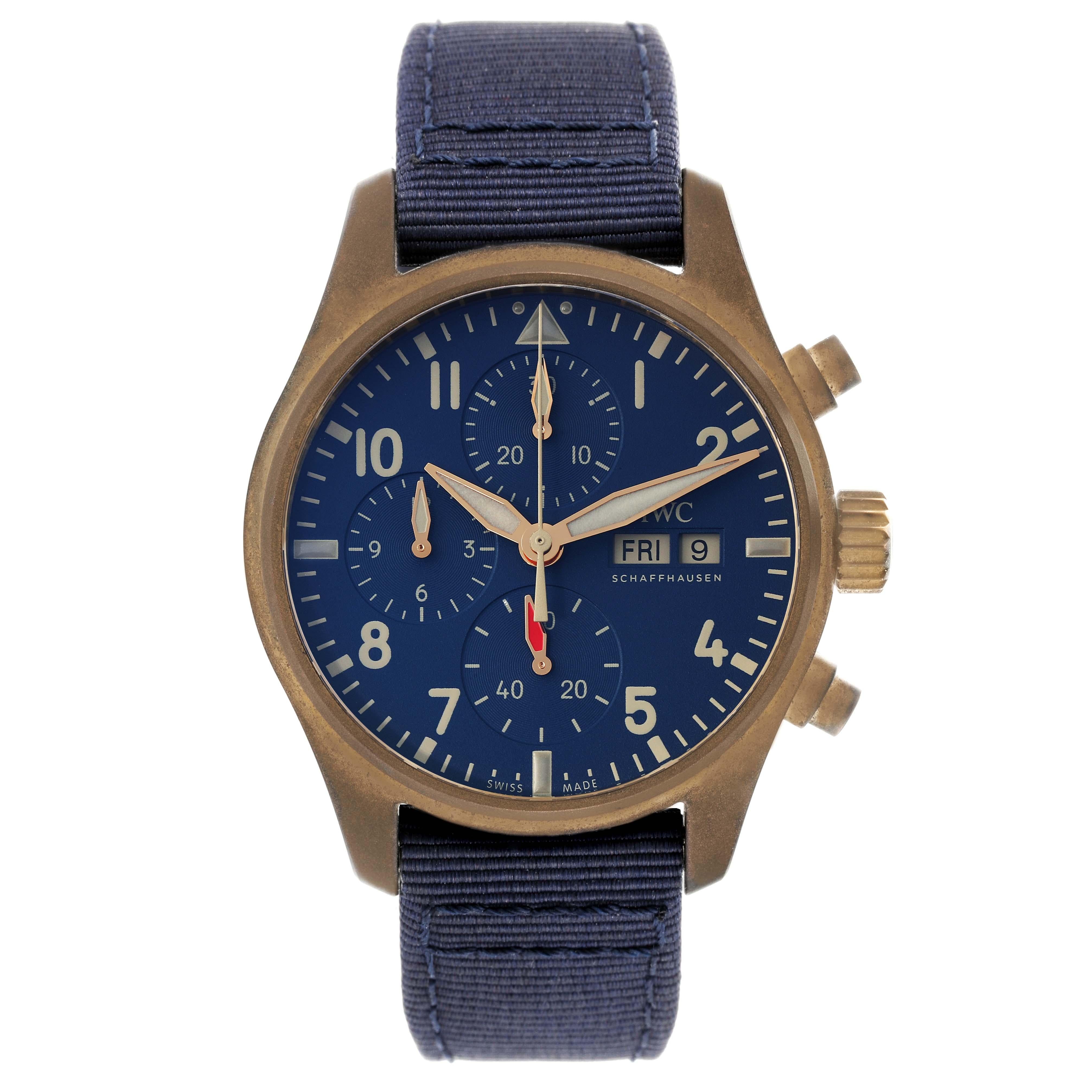 IWC Pilot Chronograph Blue Dial Mens Watch IW388109 Box Card. Automatic self-winding chronograph movement. Bronze case 41 mm in diameter. Screw in crown. Exhibition transparent sapphire crystal caseback. . Scratch resistant sapphire crystal. Blue