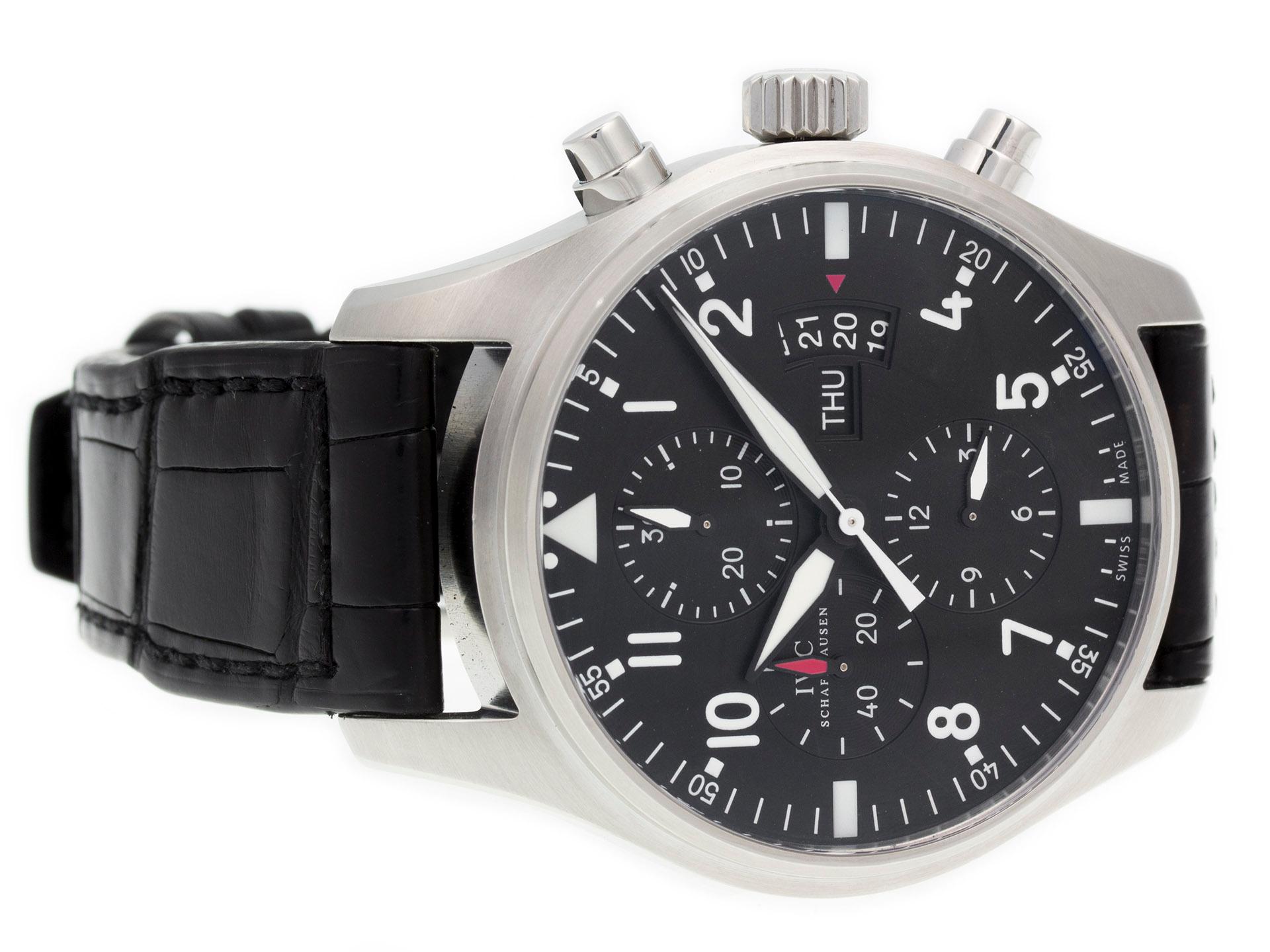 IWC Pilot Chronograph IW377701, water resistant 30 M / 100 FT, Fixed Stainless Steel Bezel, Fluted Stainless Steel Push / Pull w/ IWC Logo Crown, with a Black Crocodile Embossed Leather Band.

Watch	
Brand:	IWC
Series:	Pilot Chronograph
Model