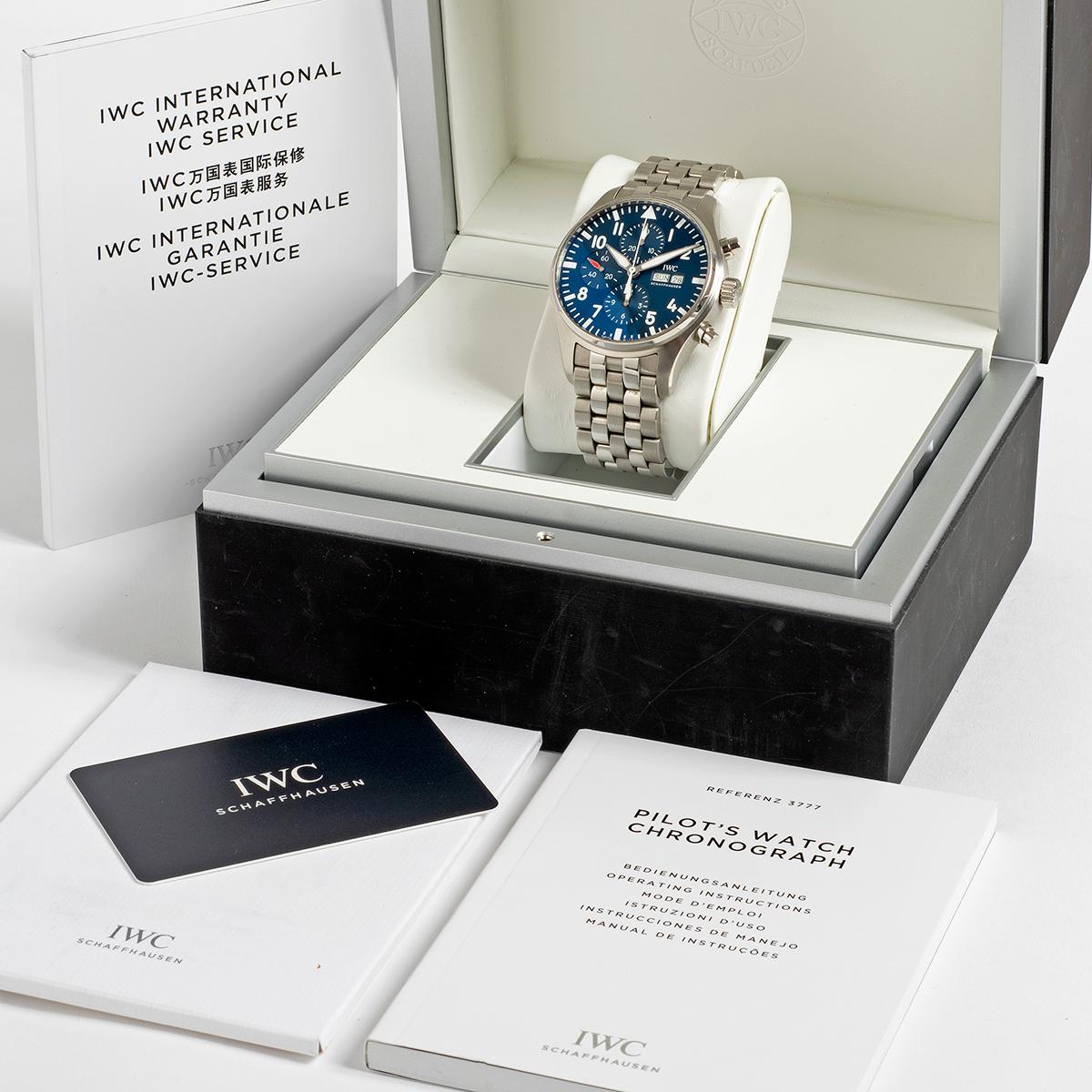 Our IWC Pilot Chronograph Le Petit Prince , reference IW377717 , features the classic combination of stainless steel 43mm case with very attractive blue dial and the rarer specified stainless steel bracelet. Presented in outstanding condition with