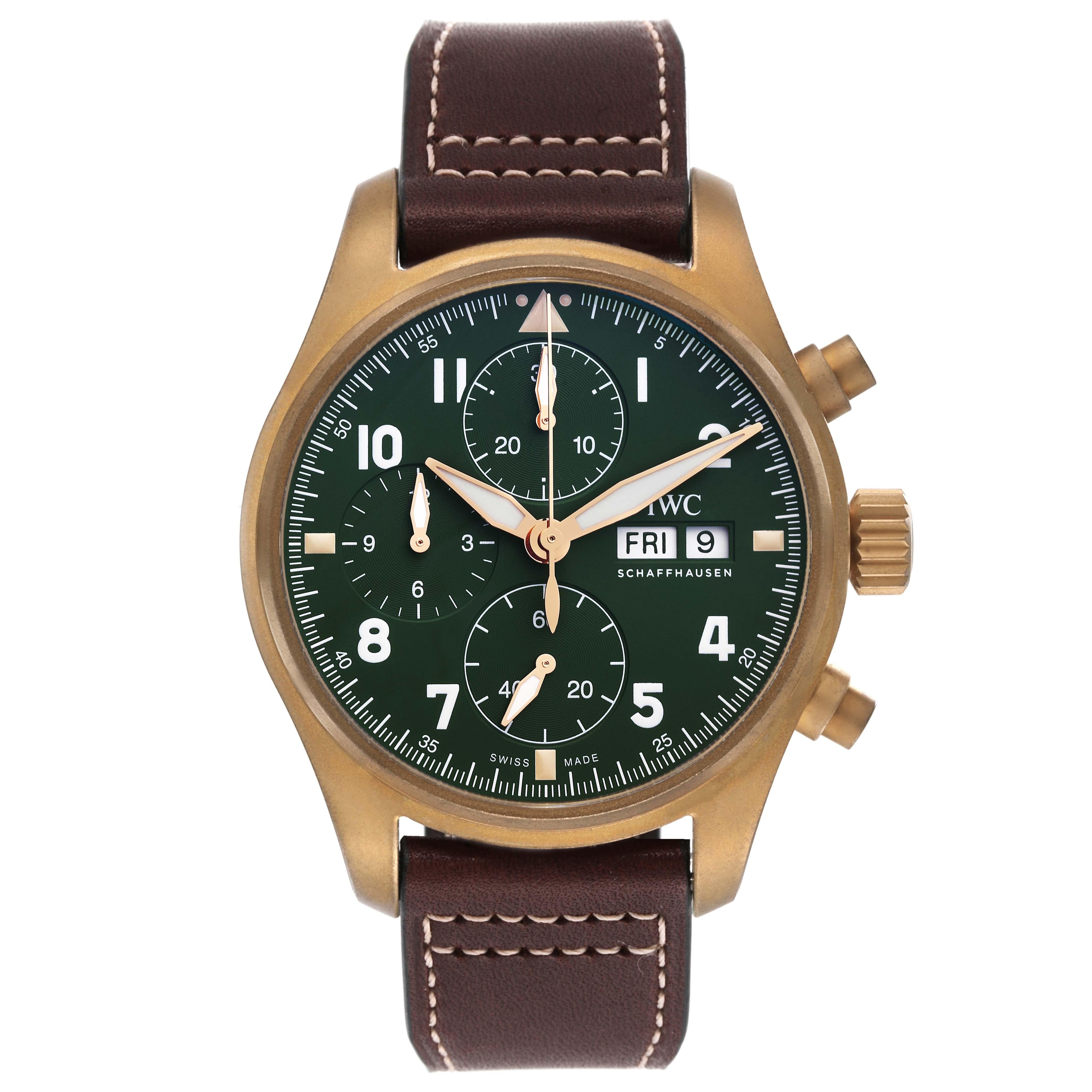 IWC Pilot Chronograph Spitfire Bronze Mens Watch IW387902 Unworn. Automatic self-winding chronograph movement. Bronze case 41.0 mm in diameter. Soft-iron inner case for protection against magnetic fields. Bronze Bezel. Scratch resistant sapphire