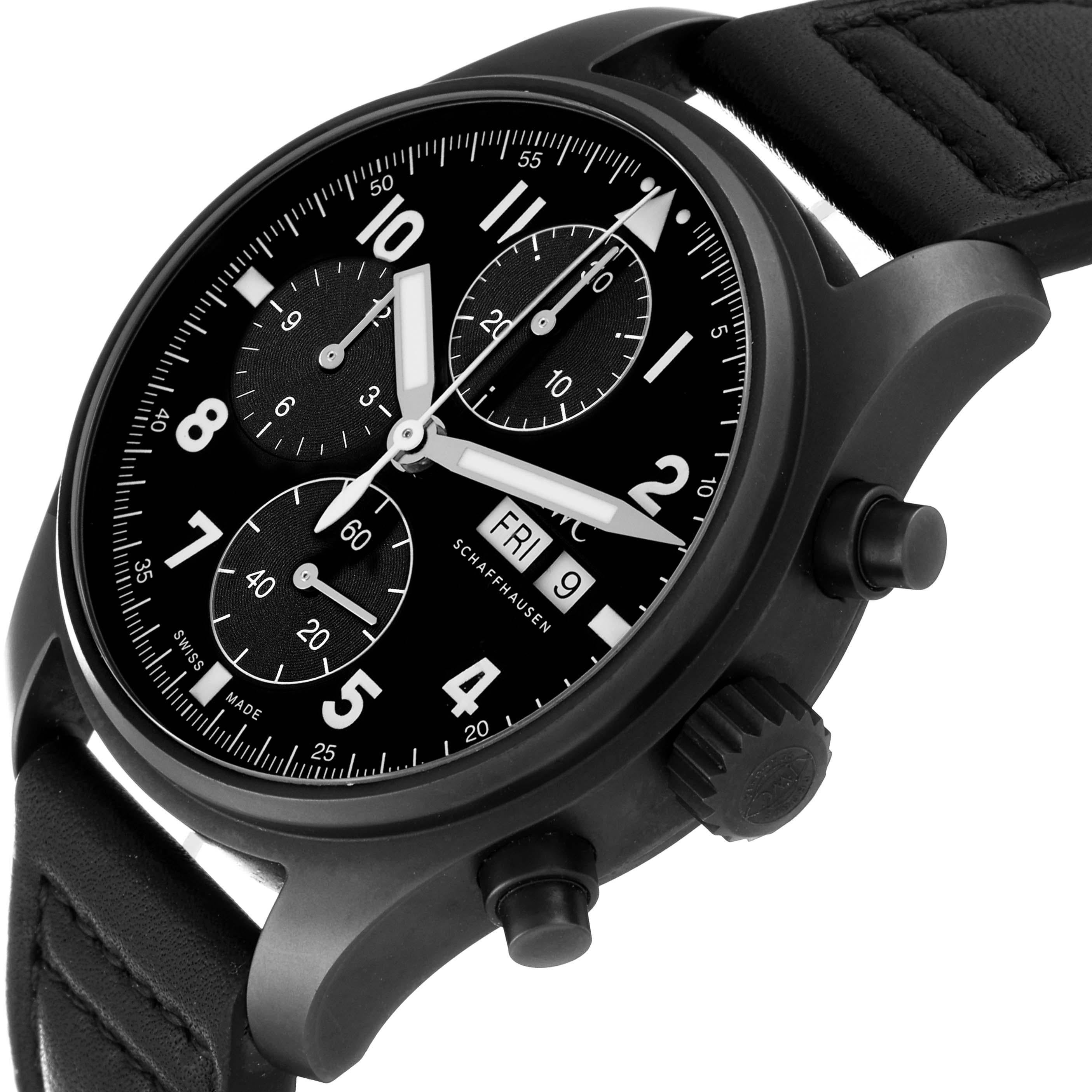 IWC Pilot Chronograph Tribute to 3705 Limited Edition Ceratanium Mens Watch IW387905 Box Card. Automatic self-winding chronograph movement. Ceratanium? case 41.0 mm in diameter. Ceratanium? bezel. Scratch resistant sapphire crystal. Black dial with