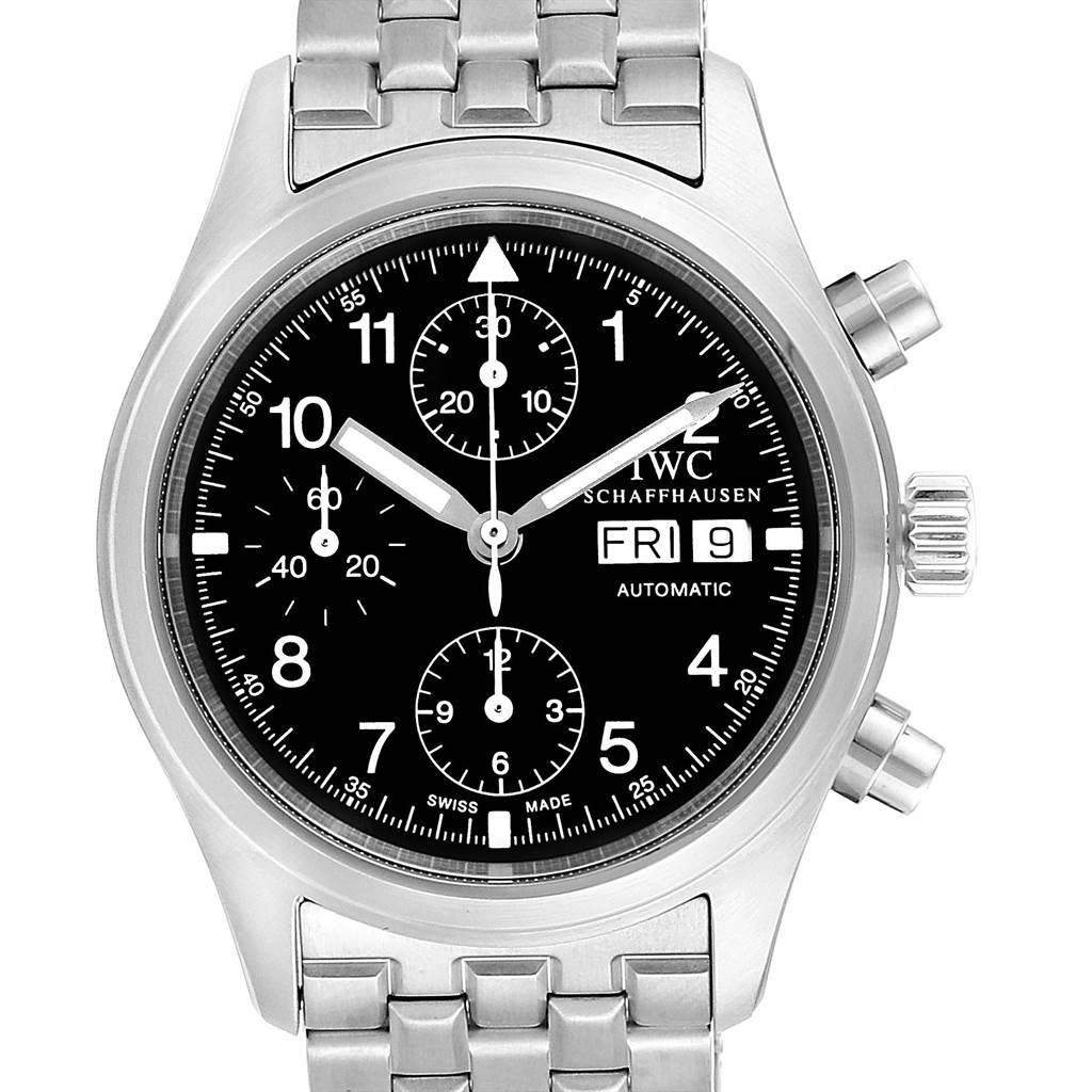 IWC Pilot Flieger Chronograph Day Date Automatic Mens Watch IW370603. Automatic self-winding movement. Stainless steel case 39.0 mm in diameter. Screw-down solid engraved stainless steel case back with 'Der Fliegerchronograph Â IWC.' Stainless