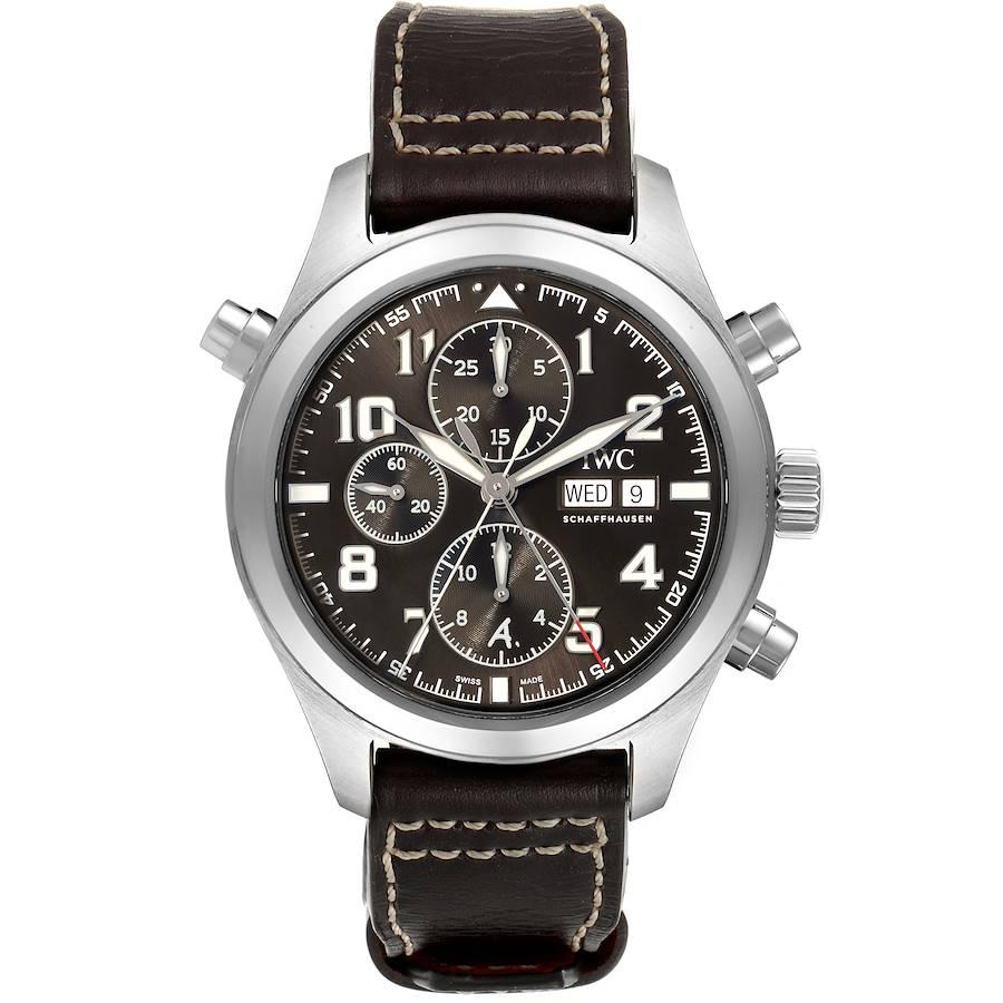 IWC Pilot Flieger Chronograph Day Date Automatic Watch IW370607. Automatic self-winding Double Chronograph Rattrapante movement. Stainless steel case 44.0 mm in diameter. Stainless steel smooth bezel. Scratch resistant sapphire crystal. Brown dial