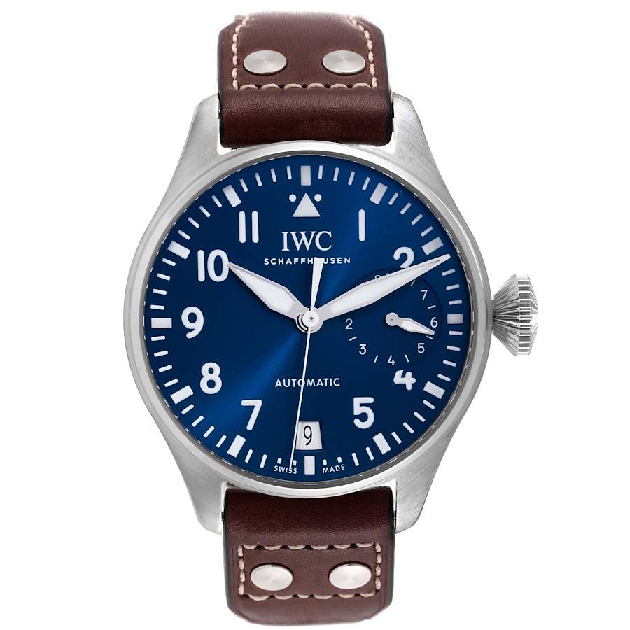 IWC Pilot Le Petit Prince Big Pilots Blue Dial Steel Herrenuhr IW501002 Box Card. Hausinternes IWC-Automatikwerk mit Sekundenhack. 46-mm-Edelstahlgehäuse. Le Petite Prince-Logo auf dem Gehäuseboden. Große Zwiebel verschraubte Krone. . Kratzfestes