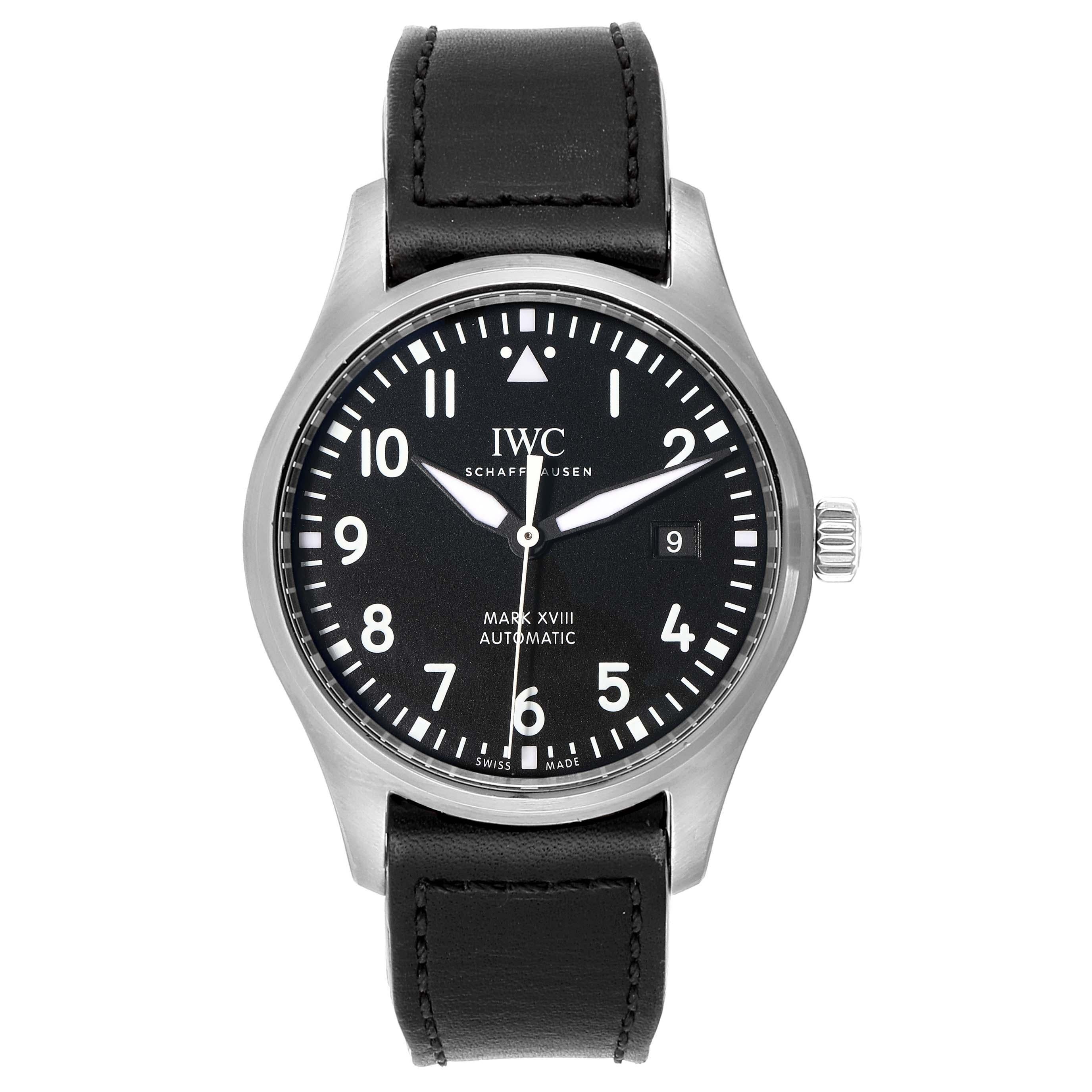 IWC Pilot Mark XVIII Black Dial Steel Mens Watch IW327001. Automatic self-winding movement with 42 hour power reserve. Stainless steel case 40 mm in diameter. Stainless steel bezel. Scratch resistant sapphire crystal. Black dial with luminous hands