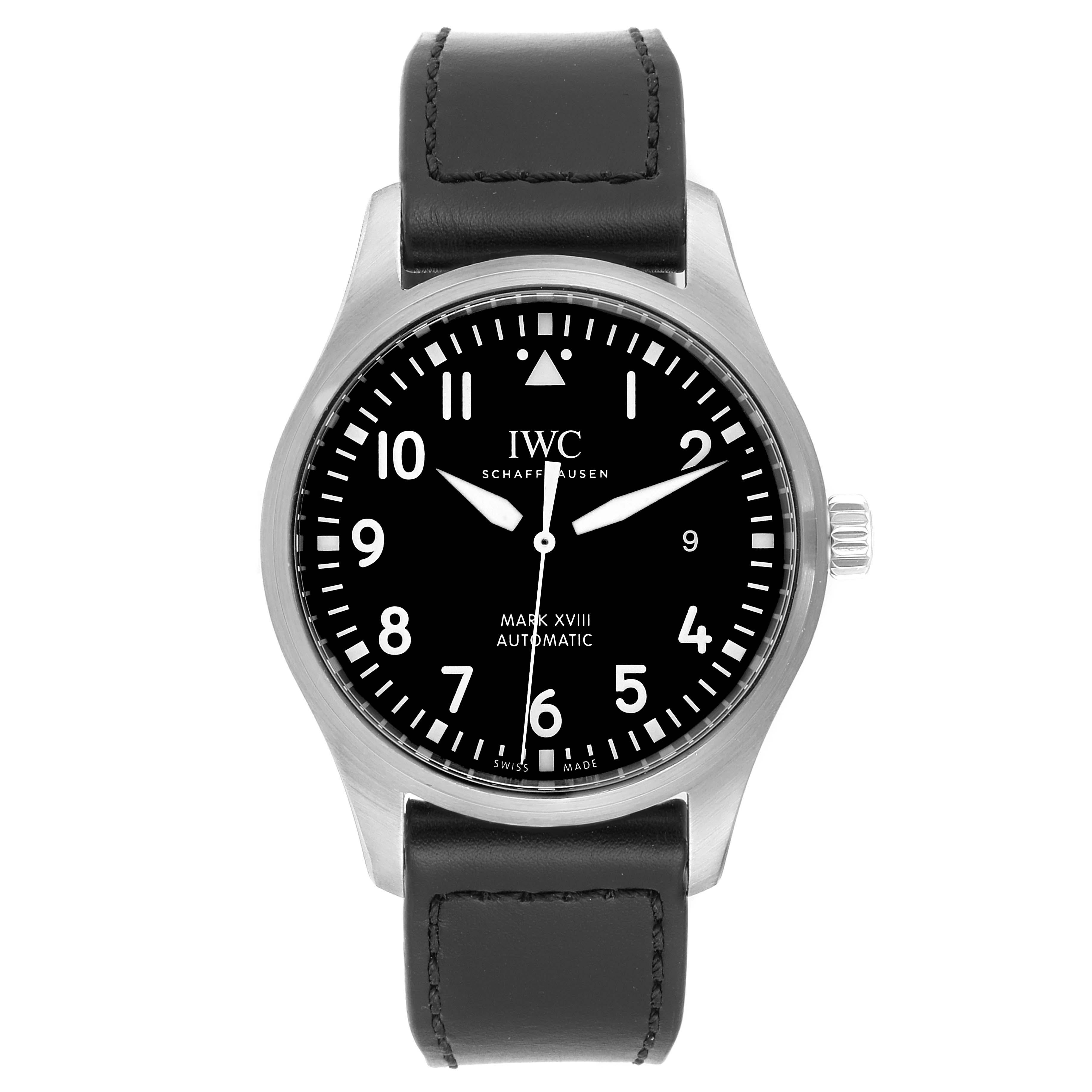 IWC Pilot Mark XVIII Black Dial Steel Mens Watch IW327001. Automatic self-winding movement with 42 hour power reserve. Stainless steel case 40 mm in diameter. Stainless steel bezel. Scratch resistant sapphire crystal. Black dial with luminous hands